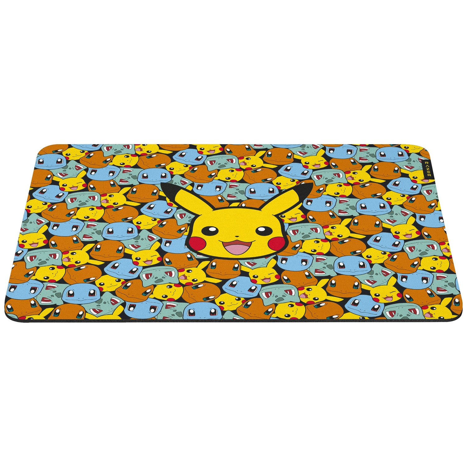 A rectangular mousepad with a Pikachu design, surrounded by other Pokémon characters. Yellow, orange, and blue colors dominate the design.