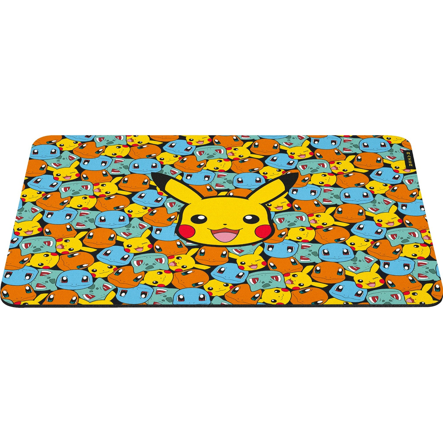A rectangular mousepad features a pattern of various Pokemon characters. A large Pikachu is centered. Other Pokemon are scattered around.