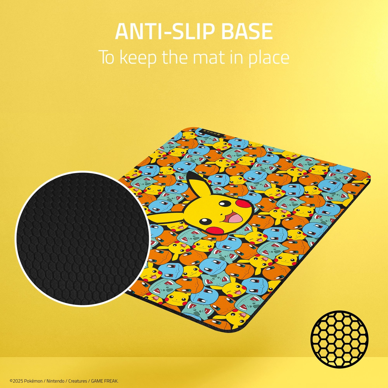 A yellow Pikachu mousepad with various Pokémon characters on a yellow background, with text 'ANTI-SLIP BASE'.