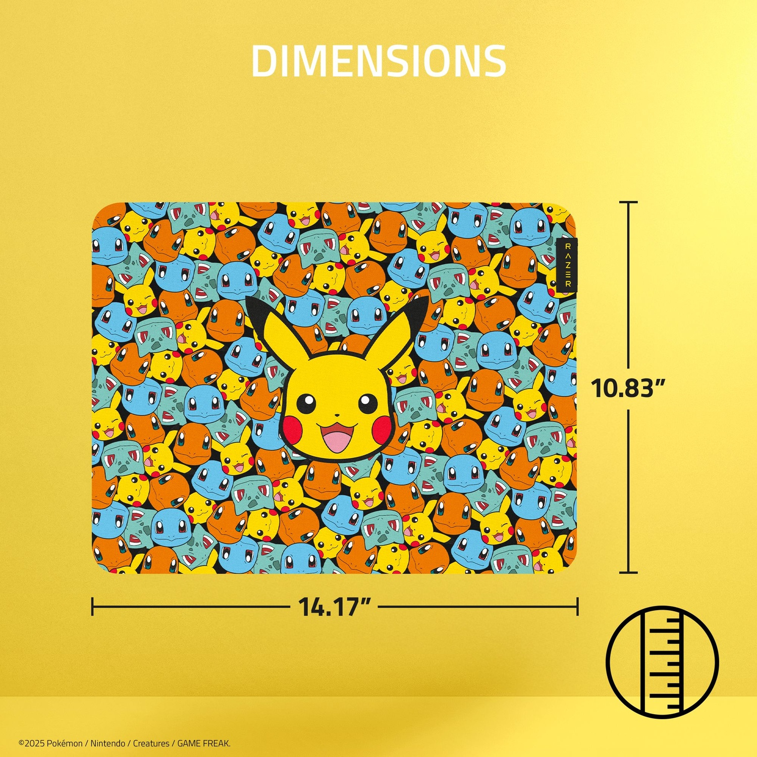 A rectangular mousepad with Pikachu in the center and Pokemon characters on the surface. Dimensions are shown: 14.17" x 10.83".