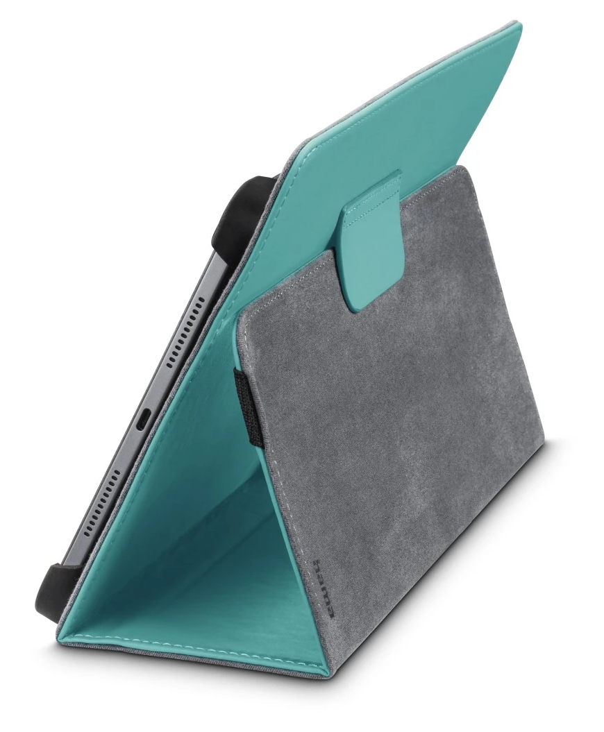 Nyitott tablet tok, szürke külseje, türkiz belső. A tabletet egy fekete pánt tartja. A tok nyitva, mutatva a belsejét.