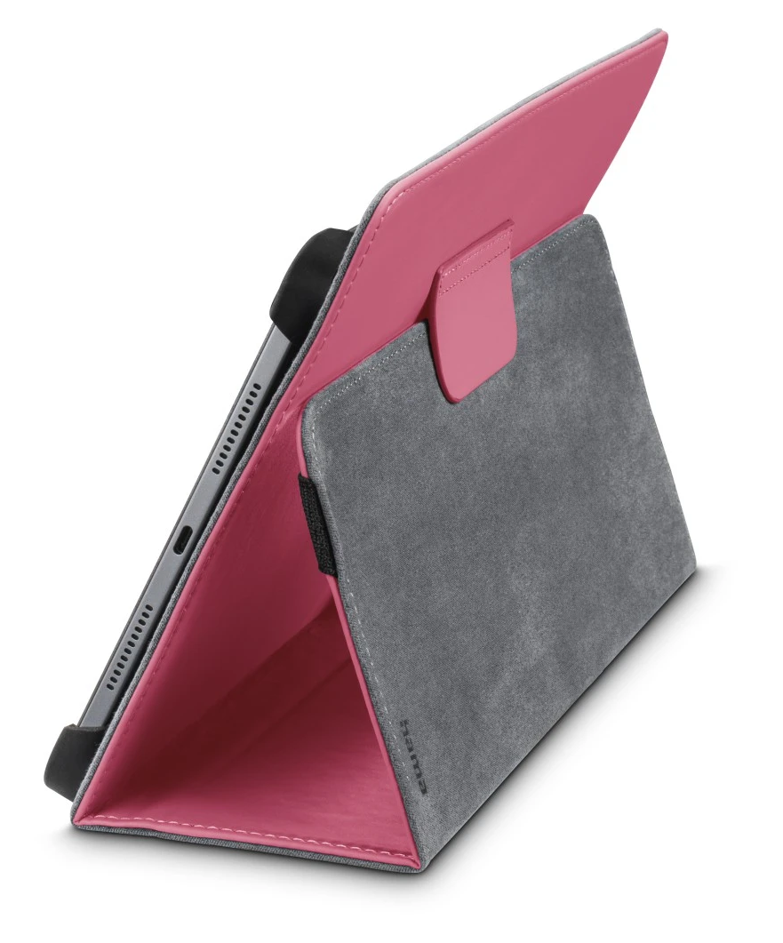 Nyitott tablettok, szürke külsejű, rózsaszín belsejű. Egy fekete tablet van a tokban. A tok szögben áll.