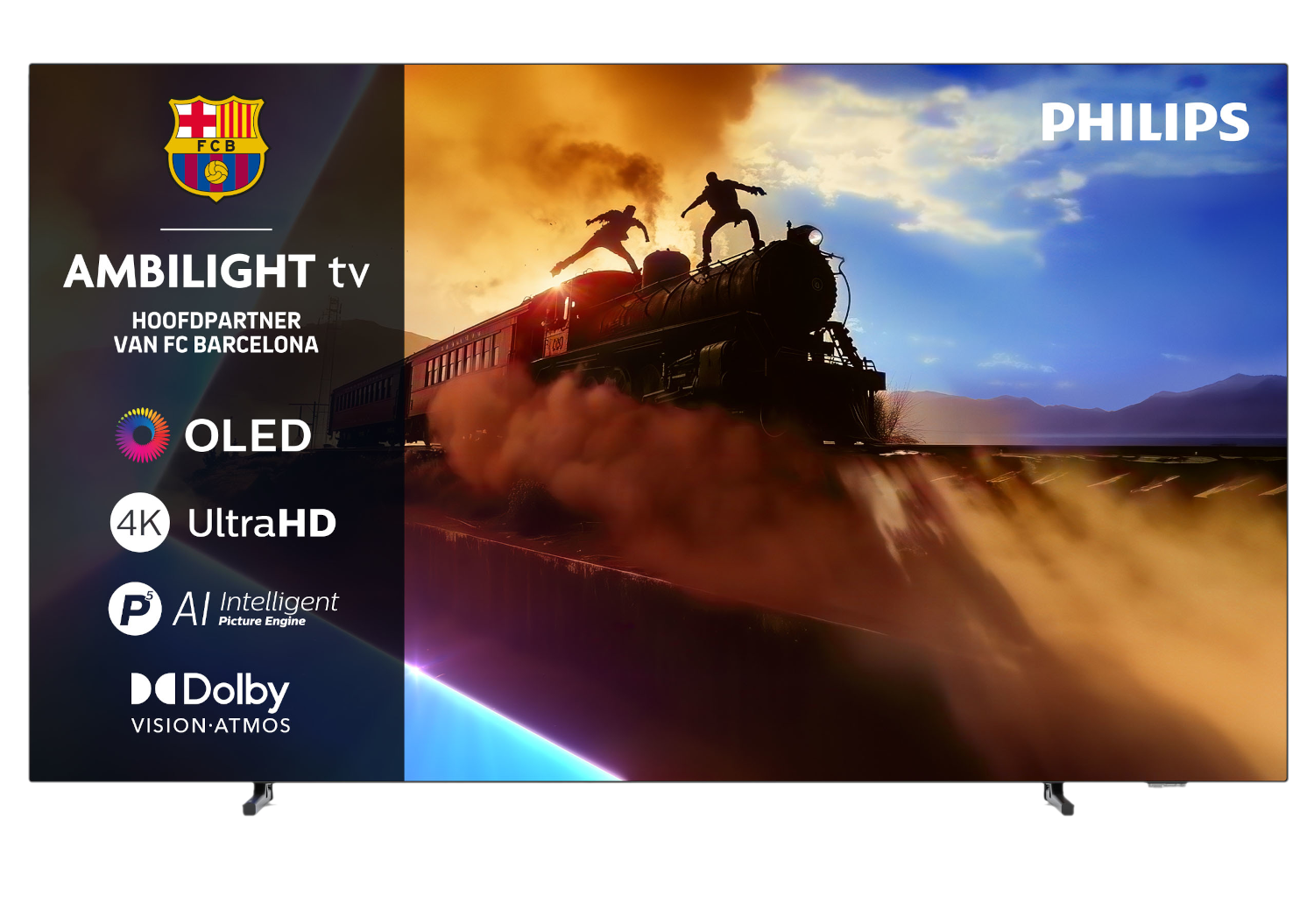 Tv-scherm met een treinscène. Twee figuren op de trein. Logo's voor FC Barcelona, Philips en tv-functies worden ook weergegeven.