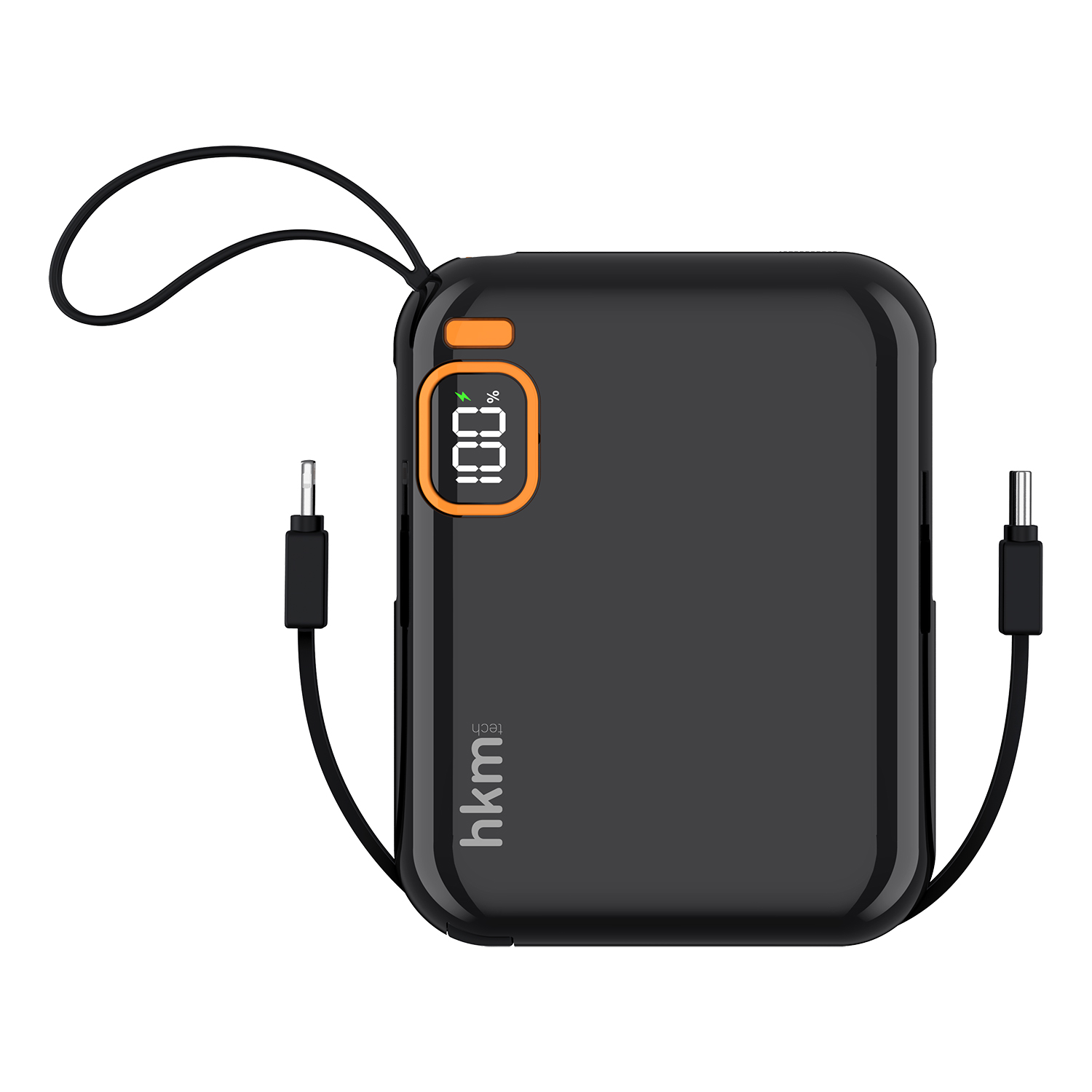 Turuncu detaylara sahip siyah powerbank ve %100 gösteren dijital ekran. İki şarj kablosu bağlı.