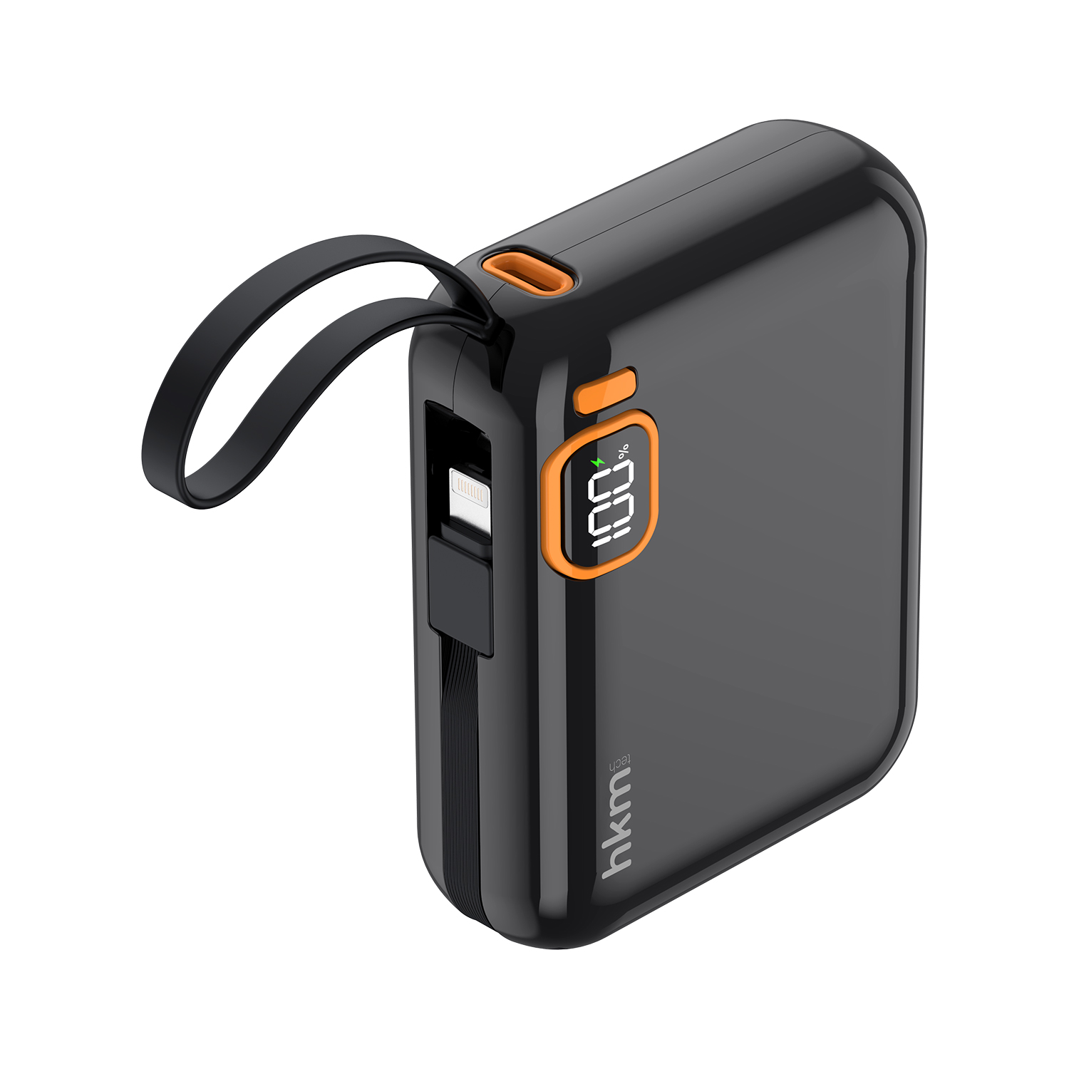 Turuncu detaylı siyah powerbank. Bir tutacağı var. Ekran %100 şarjı gösteriyor.