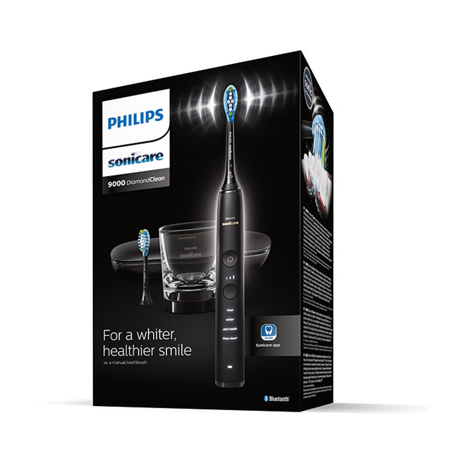 Uno spazzolino elettrico Philips Sonicare 9000 DiamondClean su una scatola nera, con il marchio e le informazioni sul prodotto.