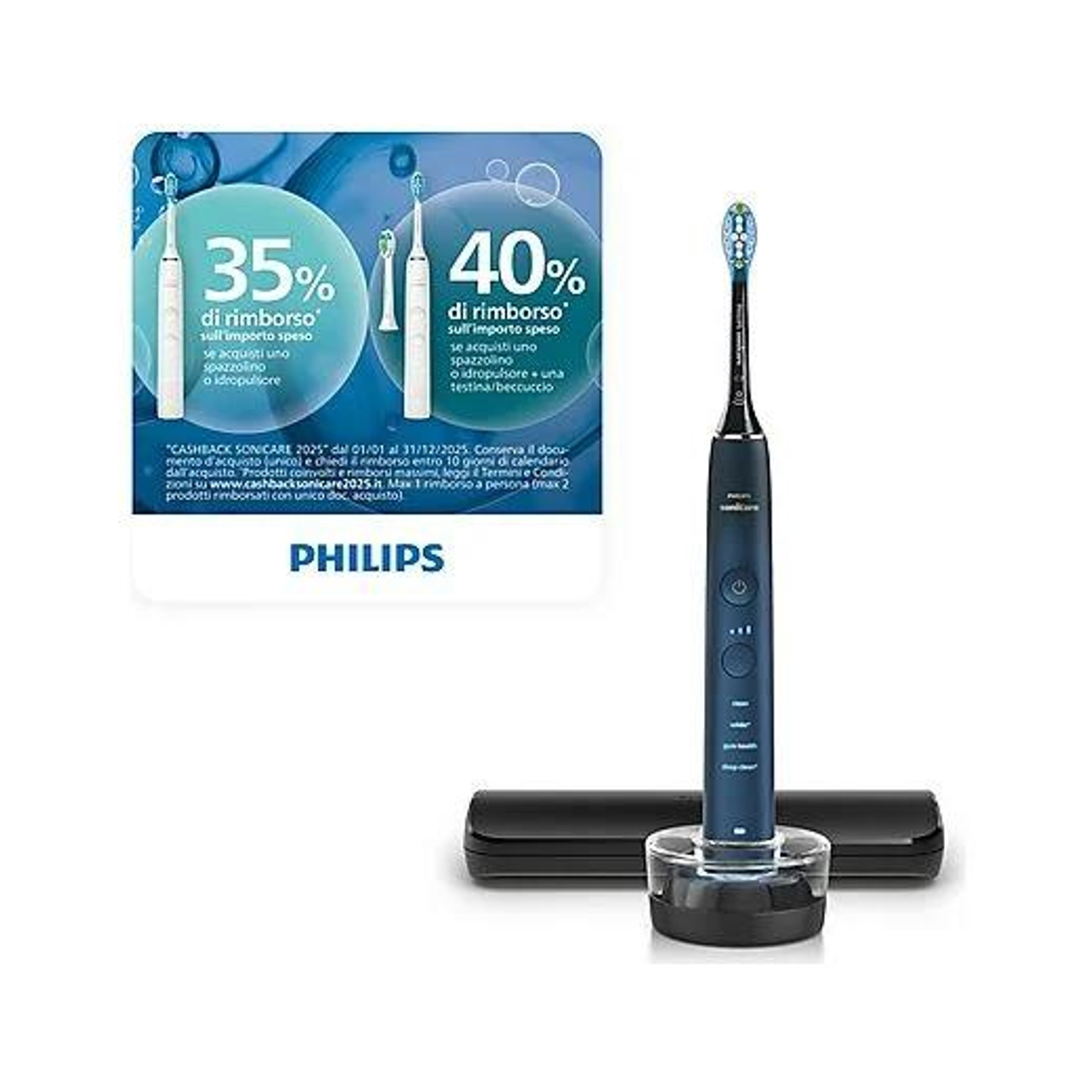 Uno spazzolino elettrico su un caricatore accanto a una promozione con testo e logo Philips.