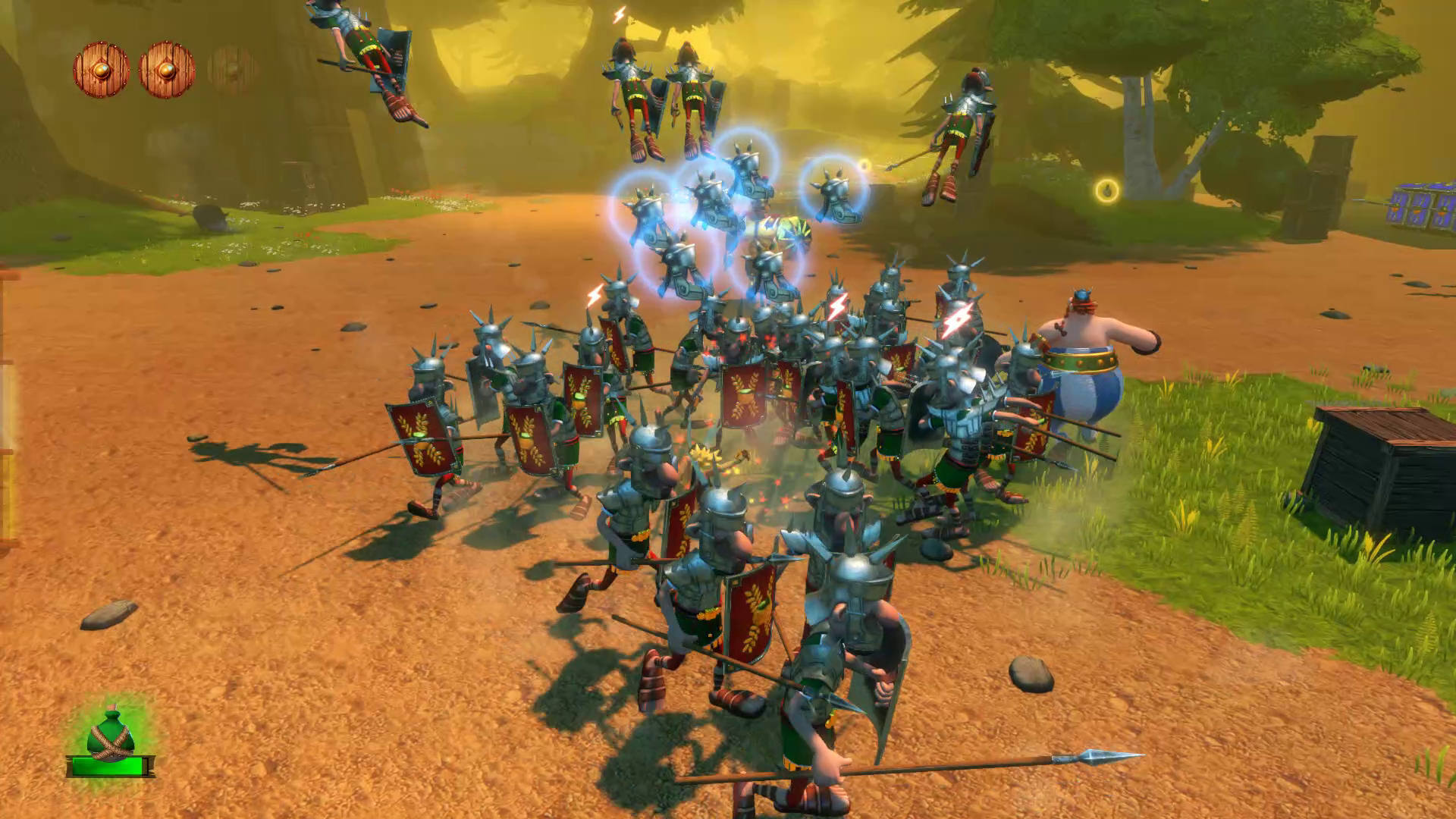 Scena bitwy z kreskówek z żołnierzami, tarczami i włóczniami. Niektórzy żołnierze latają. Duży mężczyzna jest pośrodku.