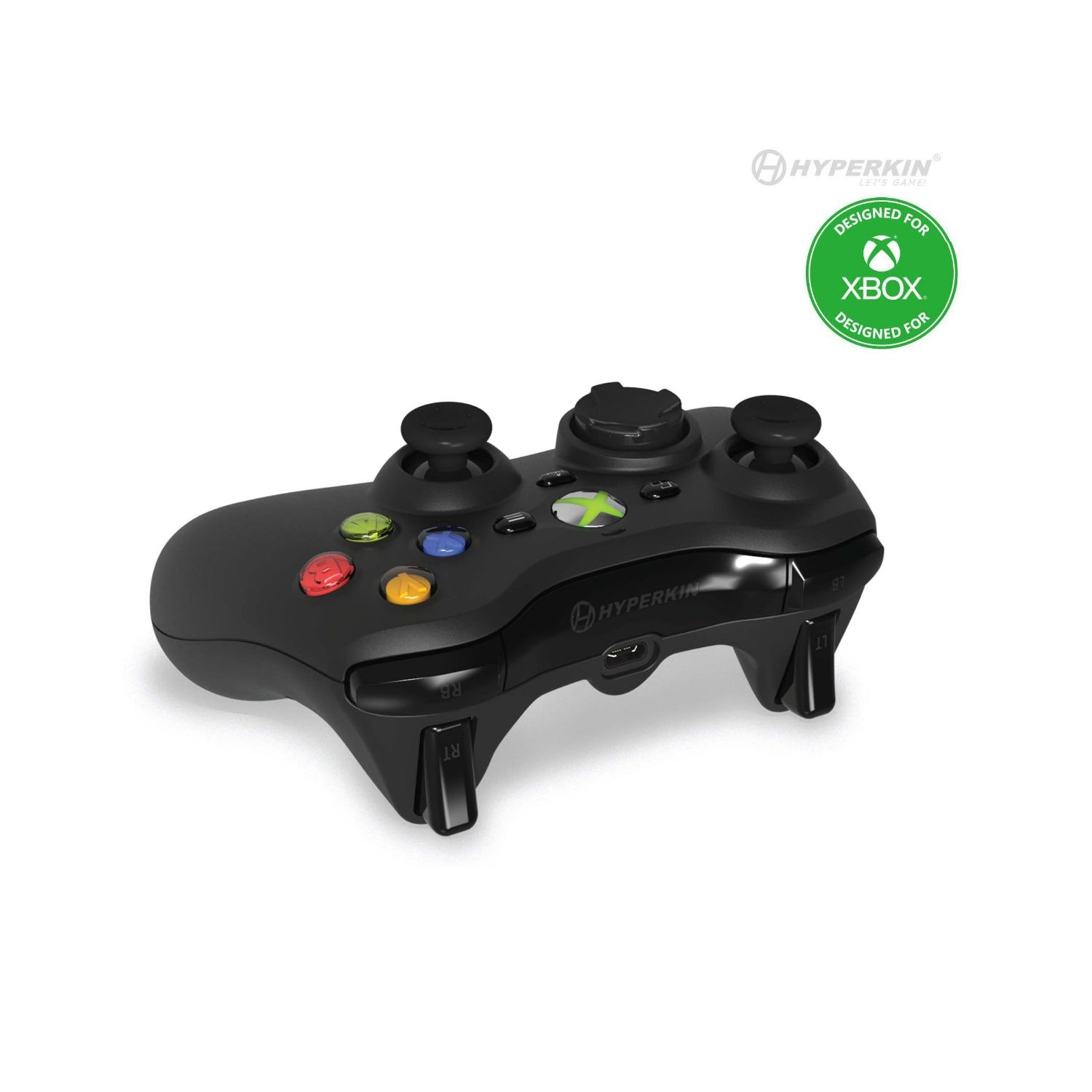Schwarzer Xbox-Controller mit bunten Knöpfen. 'Designed for Xbox'-Logo ist sichtbar.