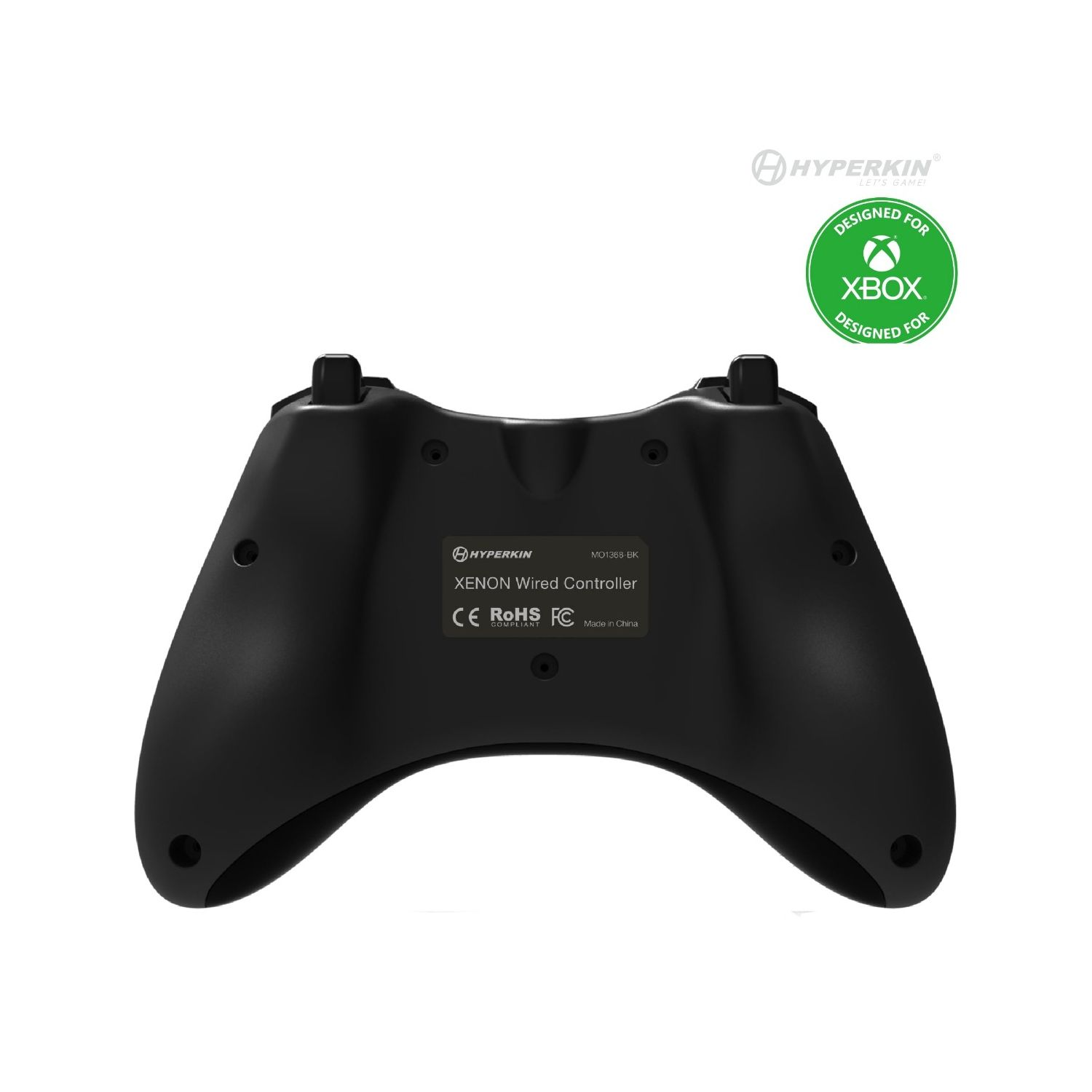 Schwarzer Xbox-Controller mit Hyperkin-Logo und 'Designed for Xbox'-Emblem auf weißem Hintergrund.