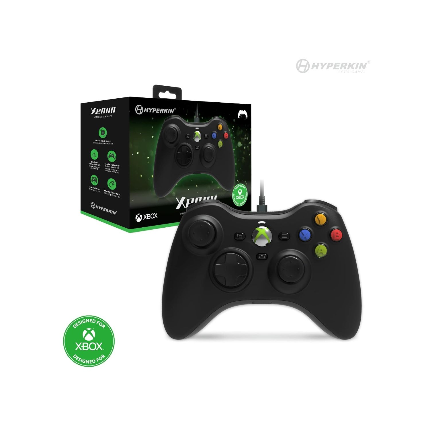 Ein schwarzer Xbox-Controller wird neben seiner Verpackung mit der Marke Hyperkin abgebildet. Die Box hat ein Bild des Controllers.