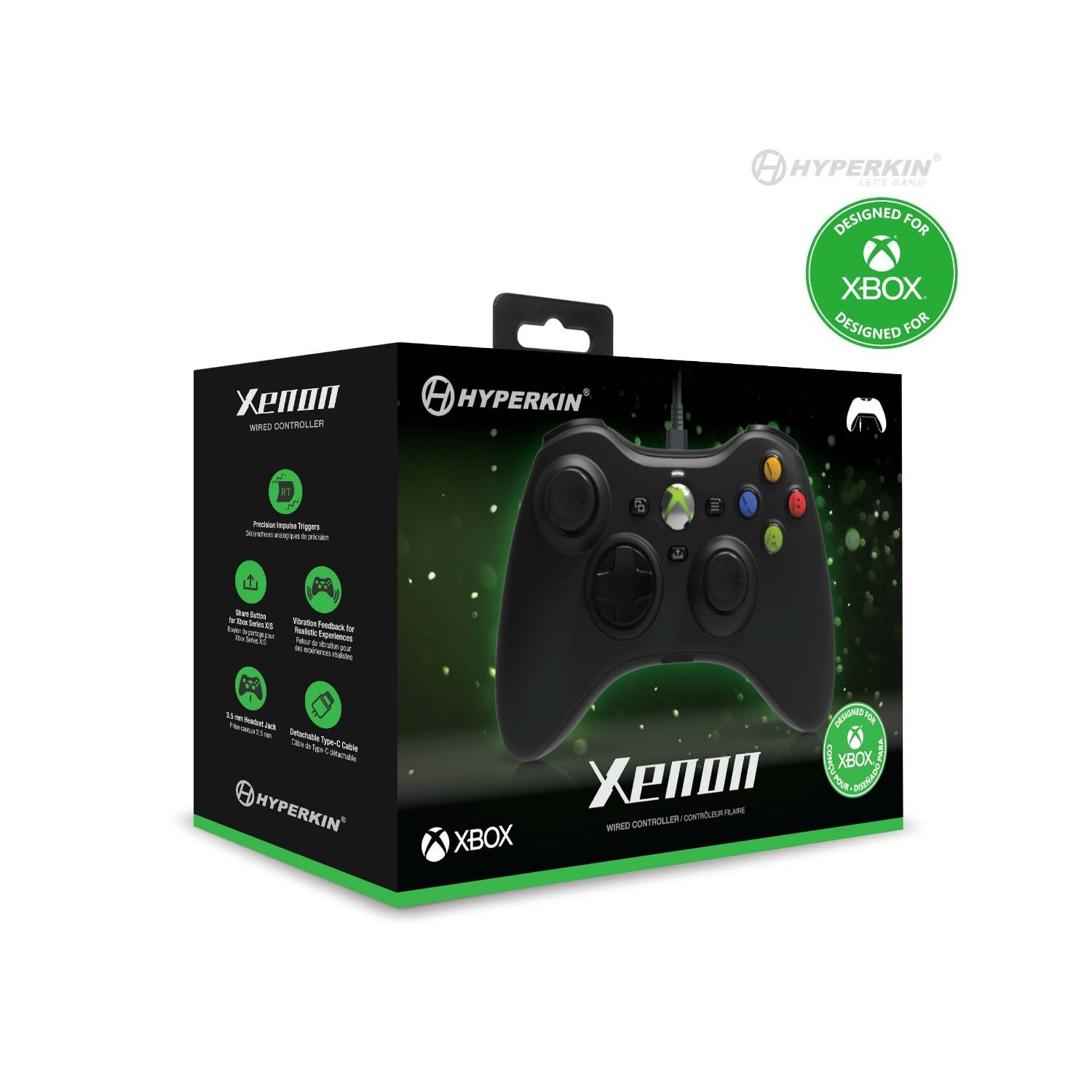 Schwarzer Xbox-Controller in einer Box mit dem Namen Xenon. Die Box hat ein grünes 'Designed for Xbox'-Abzeichen.