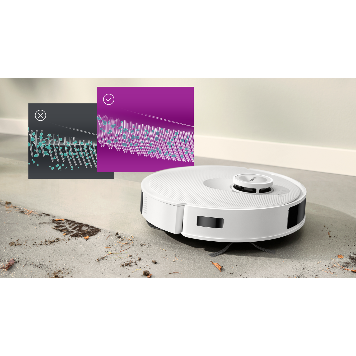A white robot vacuum cleaner on a concrete floor. Two diagrams show brush comparisons. Dirt and a footprint are visible.