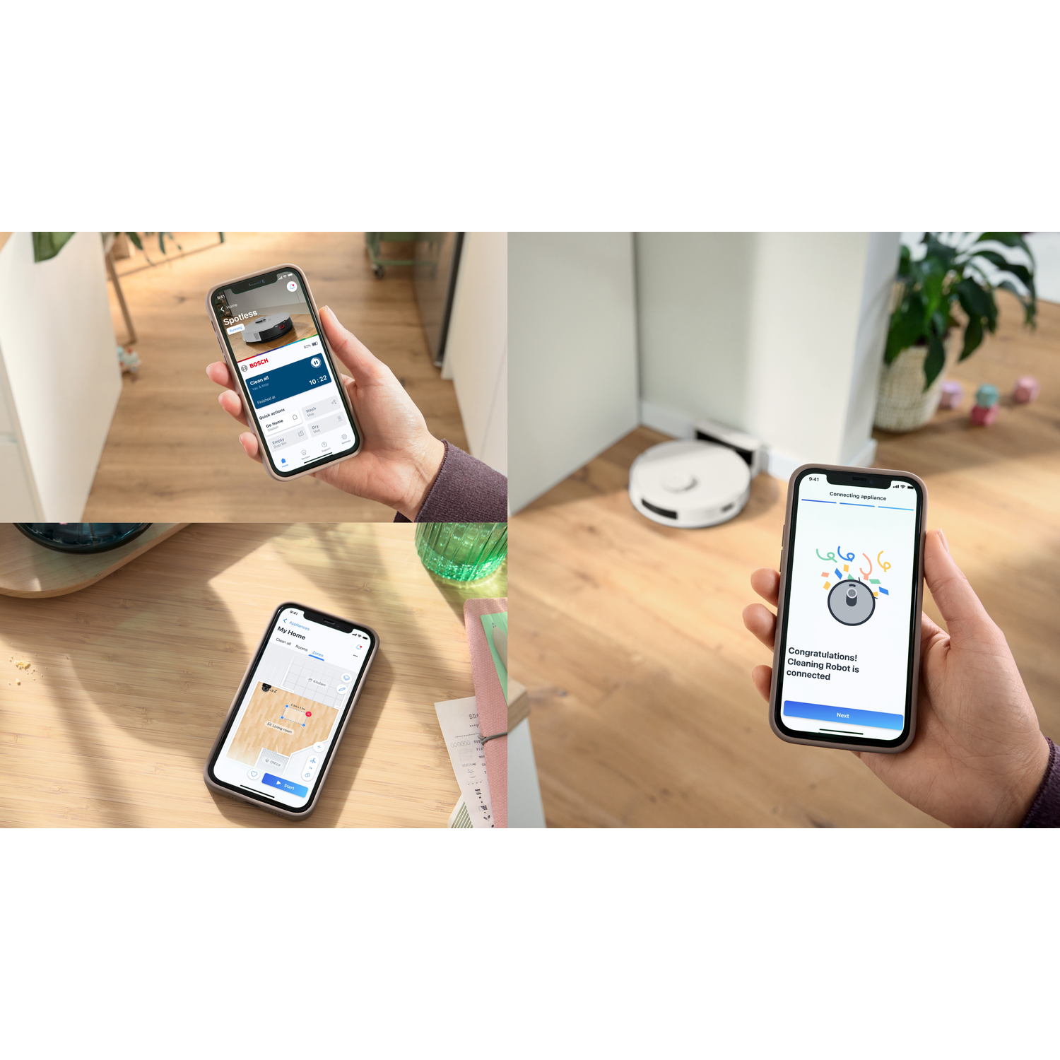 Image shows a person's hands using a smartphone to control a robot vacuum cleaner, the phone displays different screens.