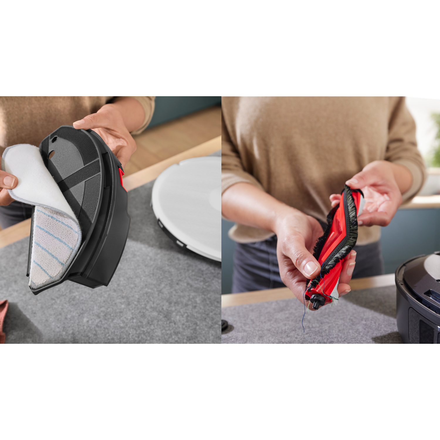 Hands holding a robotic vacuum parts. One holds a filter, the other holds a brush. A white vacuum is in the background.
