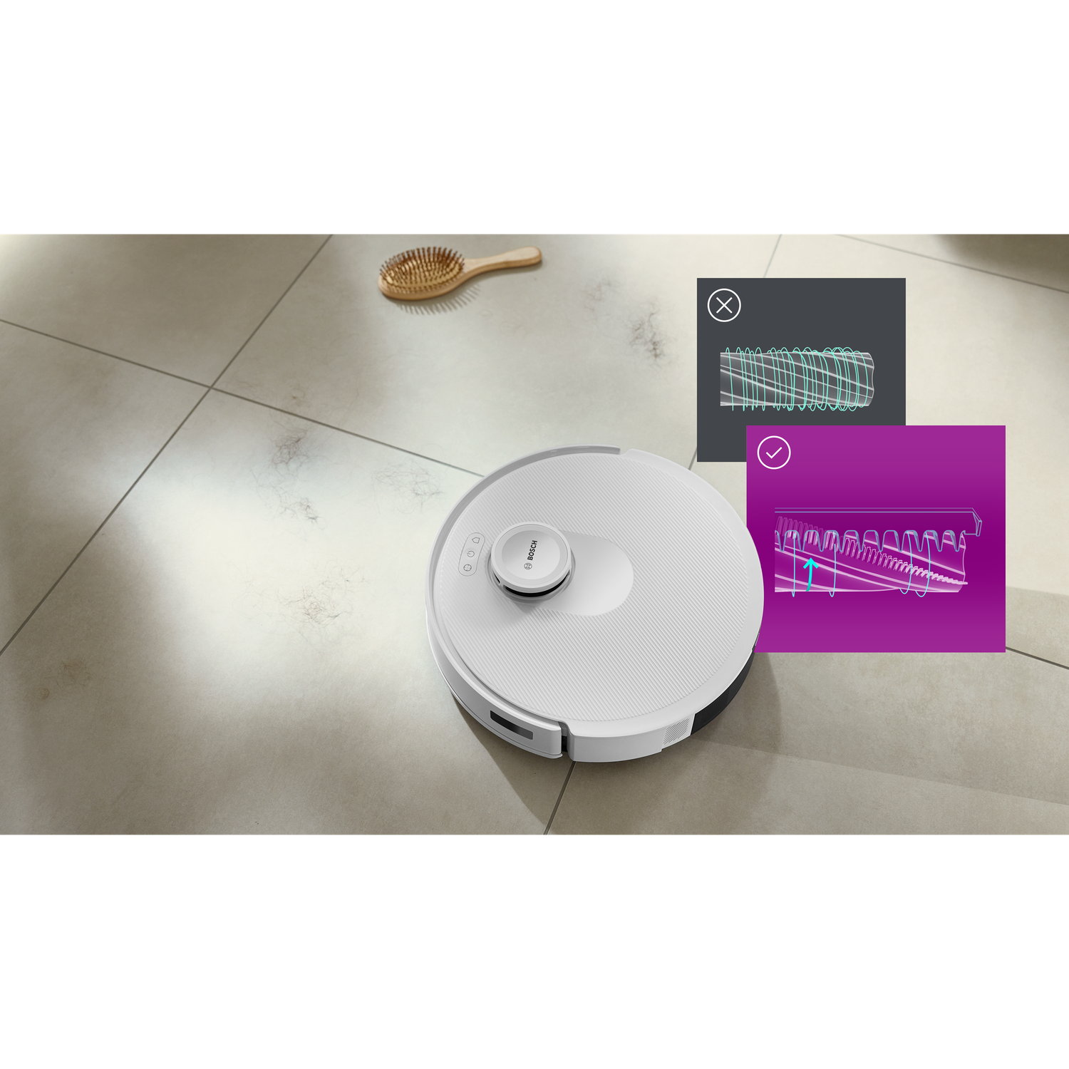A white robot vacuum cleaner on a tiled floor. A wooden brush and hair are near. Diagrams show cleaning mechanism details.