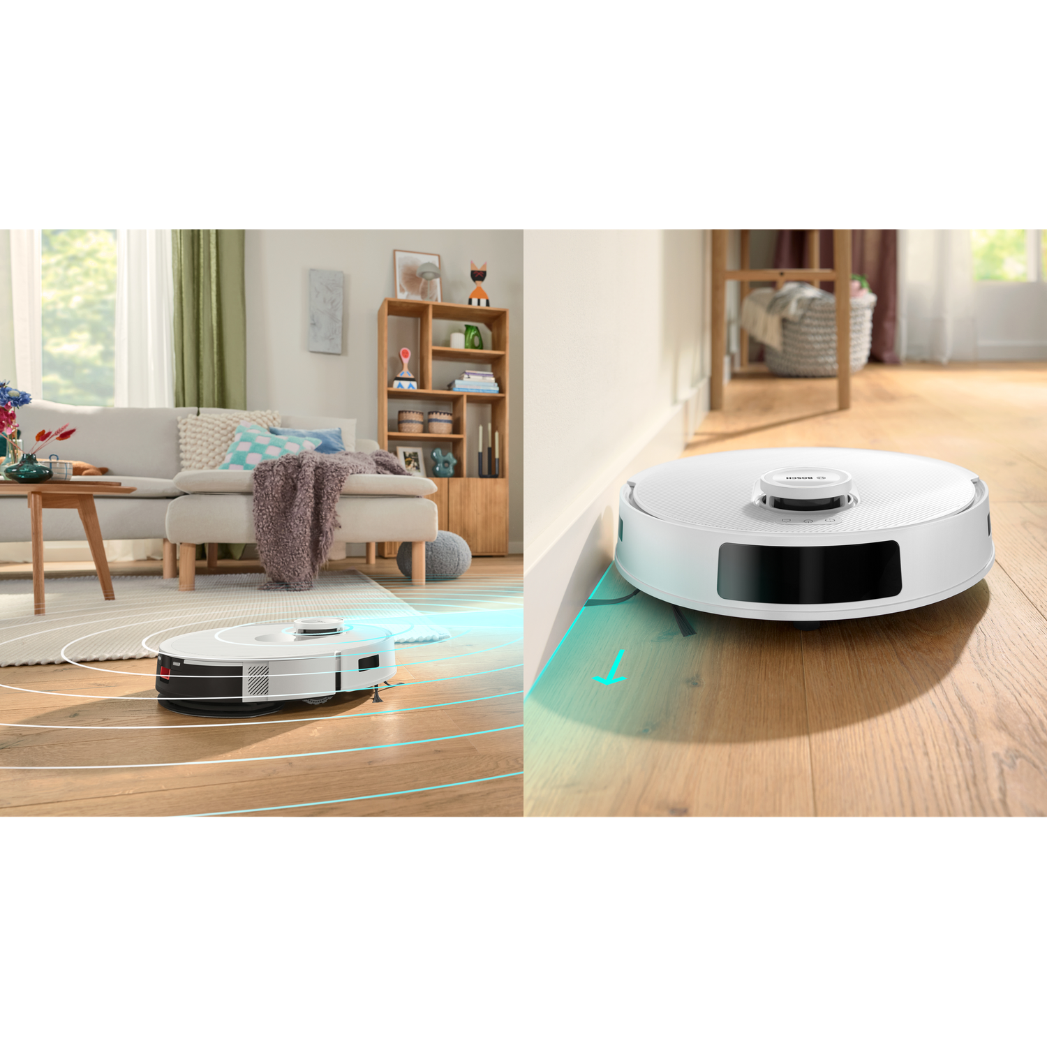 A white robot vacuum cleaner on a wooden floor in a living room. A sofa, bookcase, and table are visible in the background.