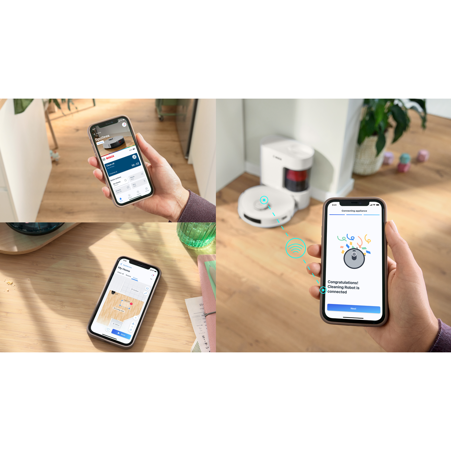 Image shows a robot vacuum cleaner being connected via phone. The phone displays the app interface. Also visible are the robot and its base.