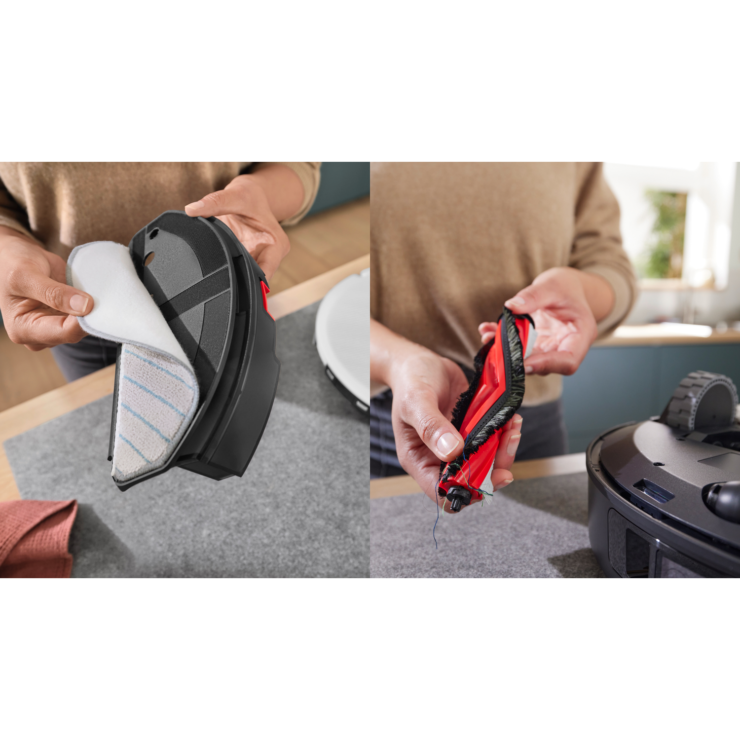 Person holding vacuum cleaner parts. The left shows a filter, the right shows a brush. Both are red, black, and gray.