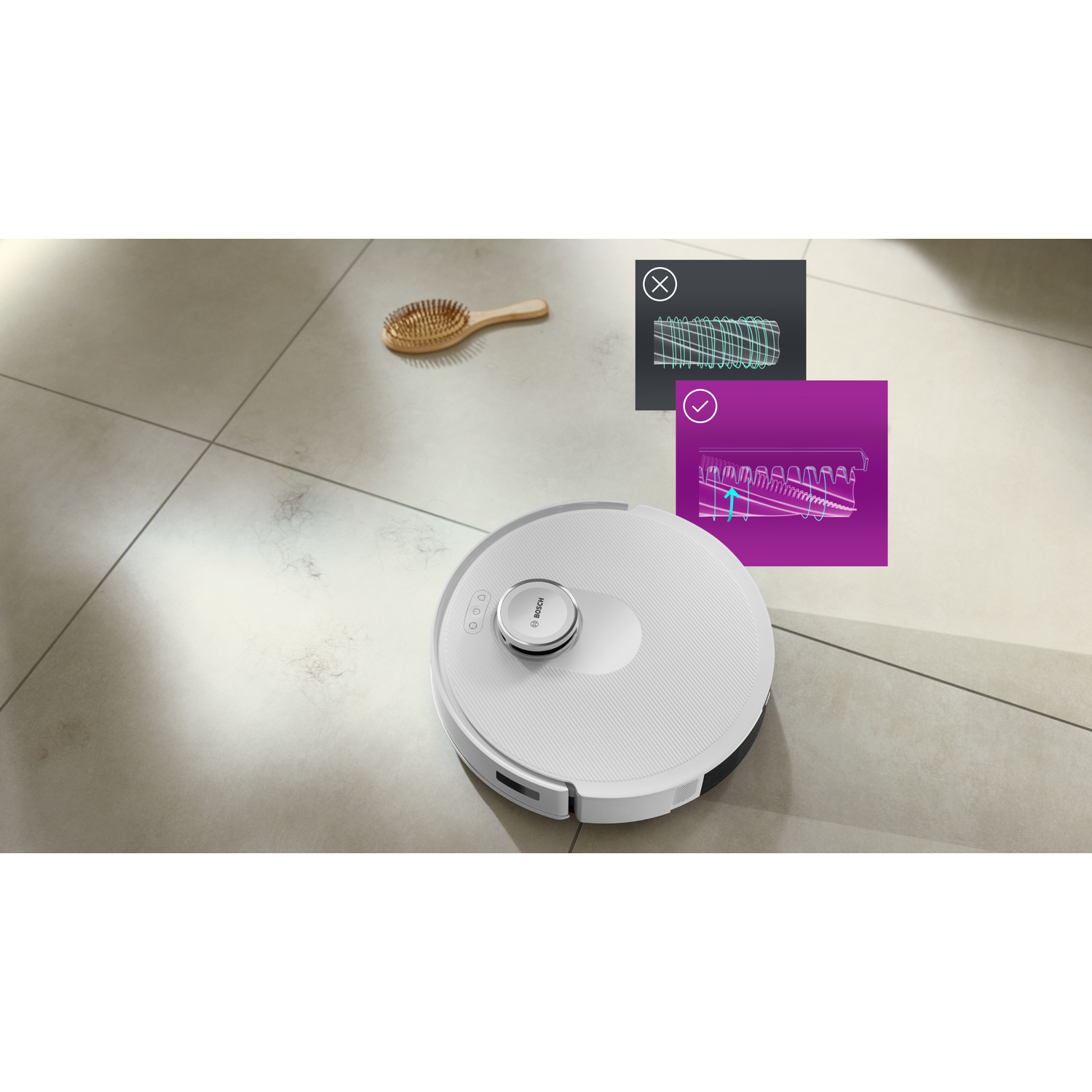 A white robot vacuum cleaner on a tiled floor, with a wooden brush and diagrams, showing cleaning comparison.