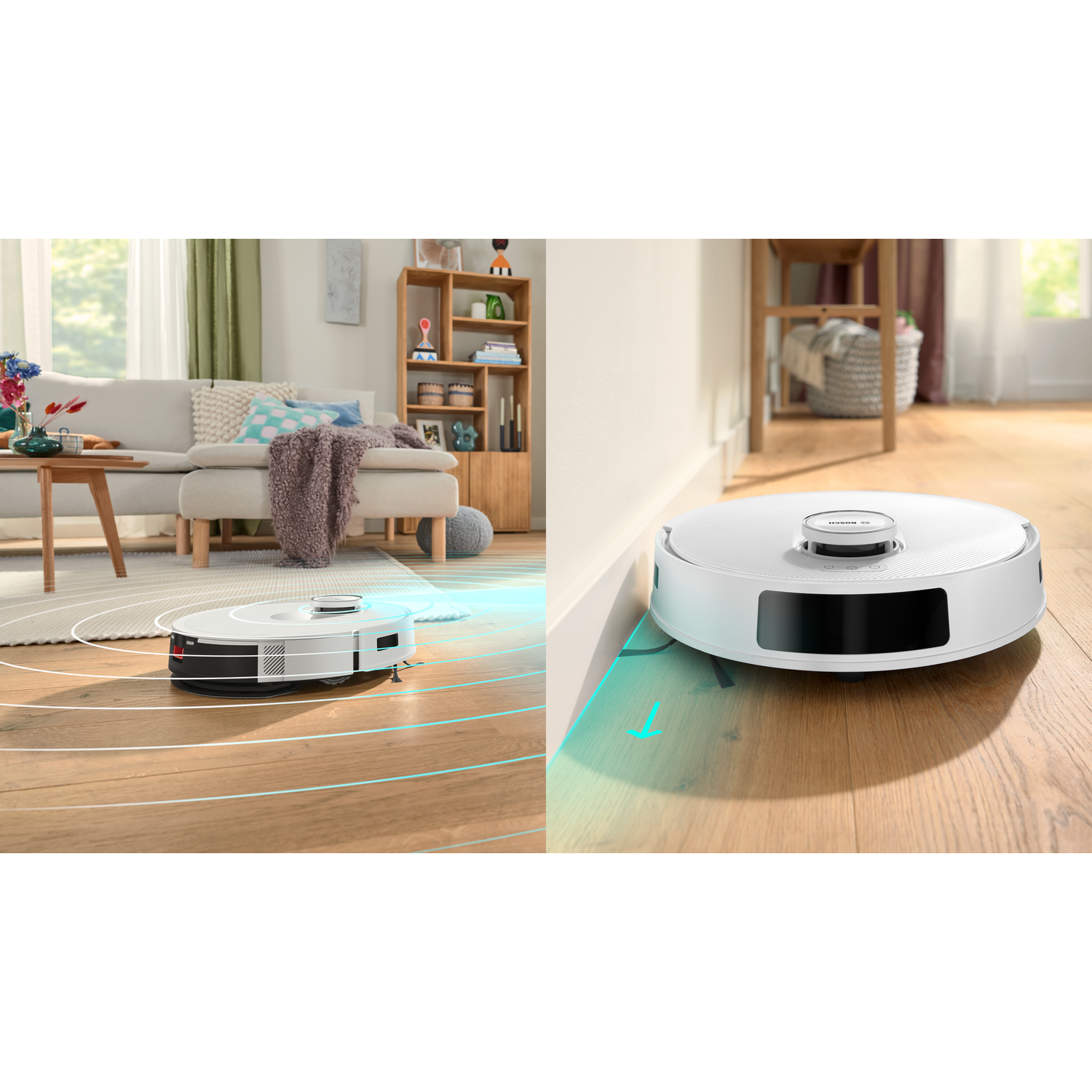 A white robot vacuum cleaner is cleaning a wooden floor. The robot is in a living room with furniture.