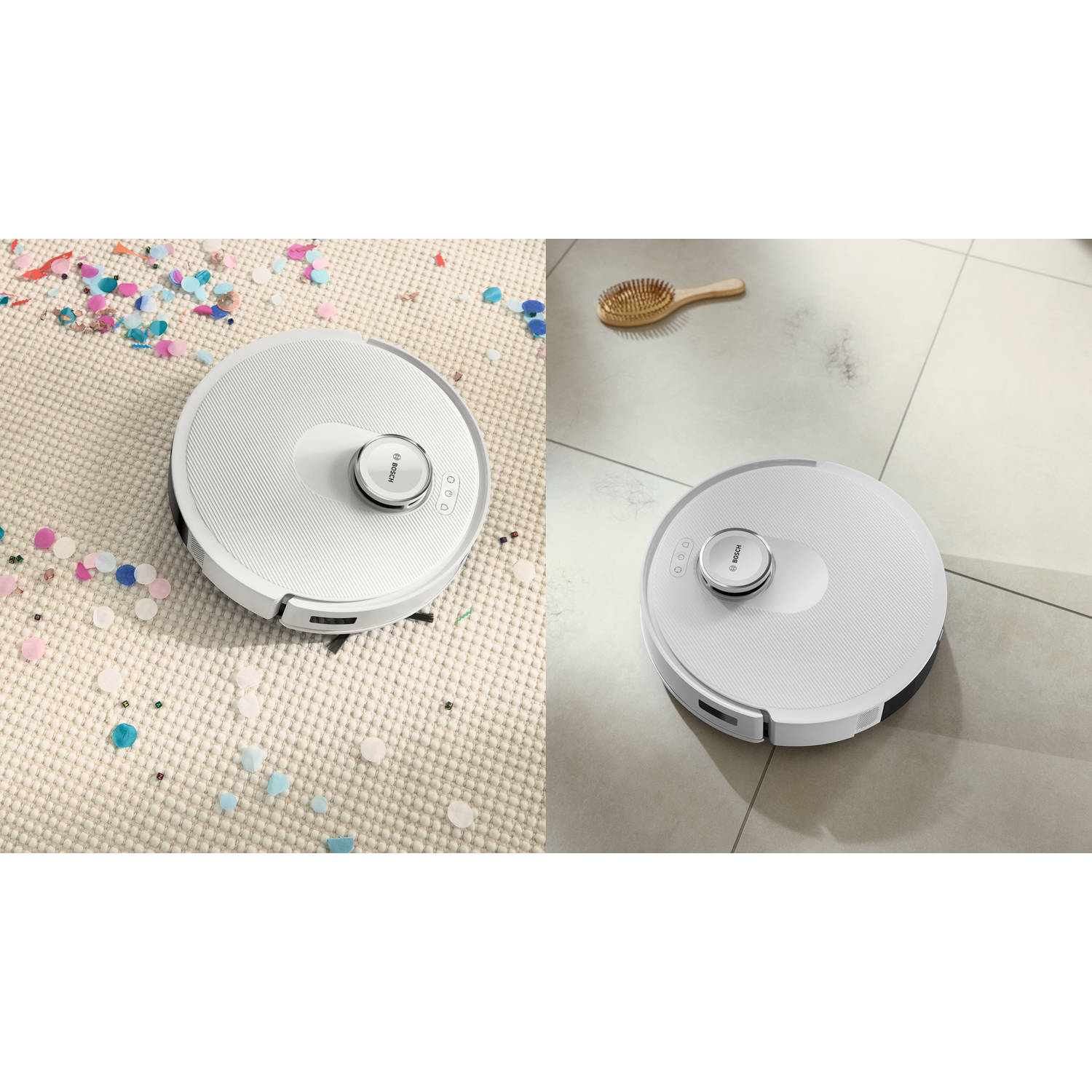 A white robot vacuum cleaner on a rug with confetti and on tiles next to a brush.