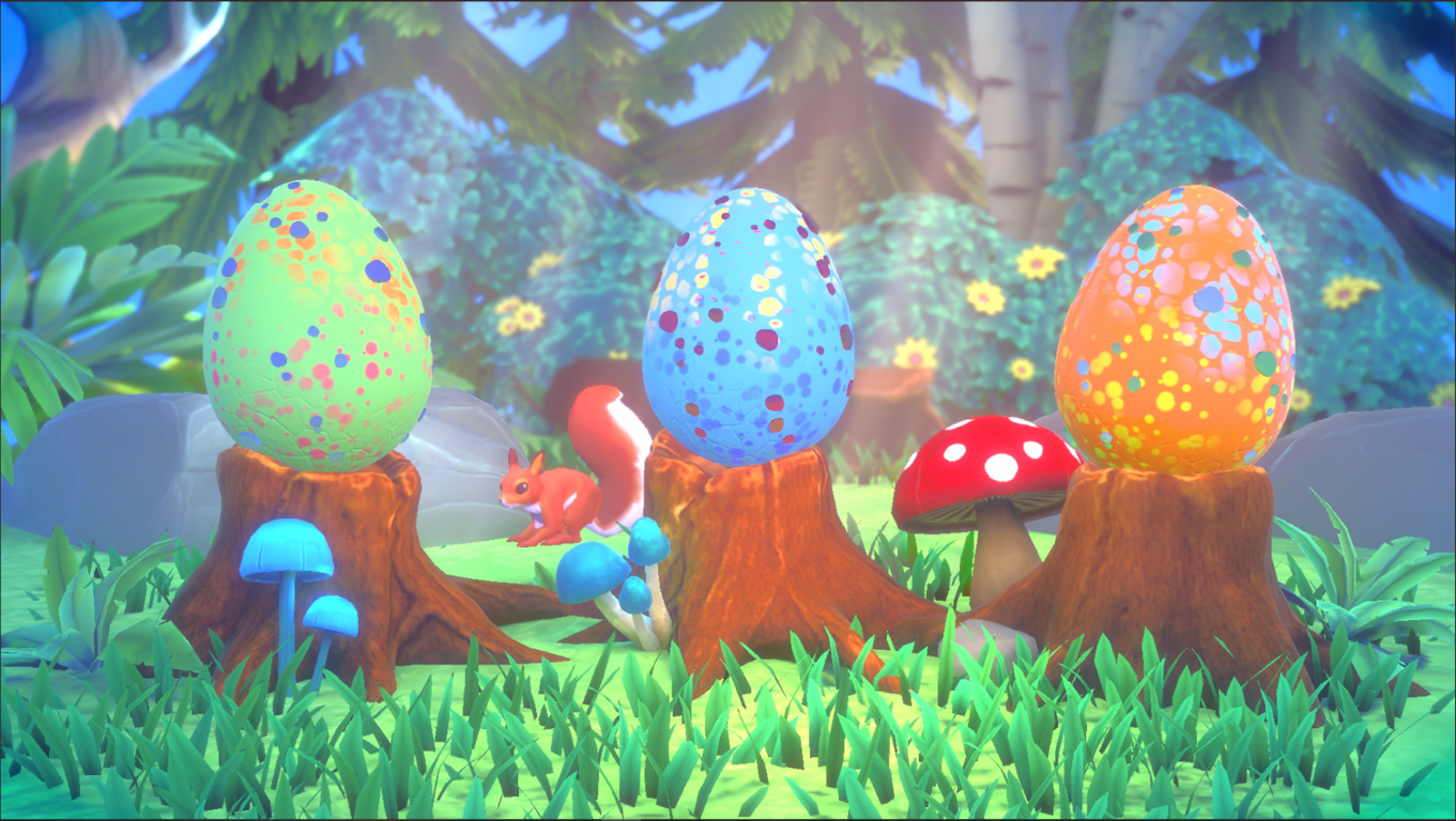 Kolorowe jajka na pniach w leśnej scenerii z wiewiórką i grzybami. Zielona trawa i drzewa w tle.