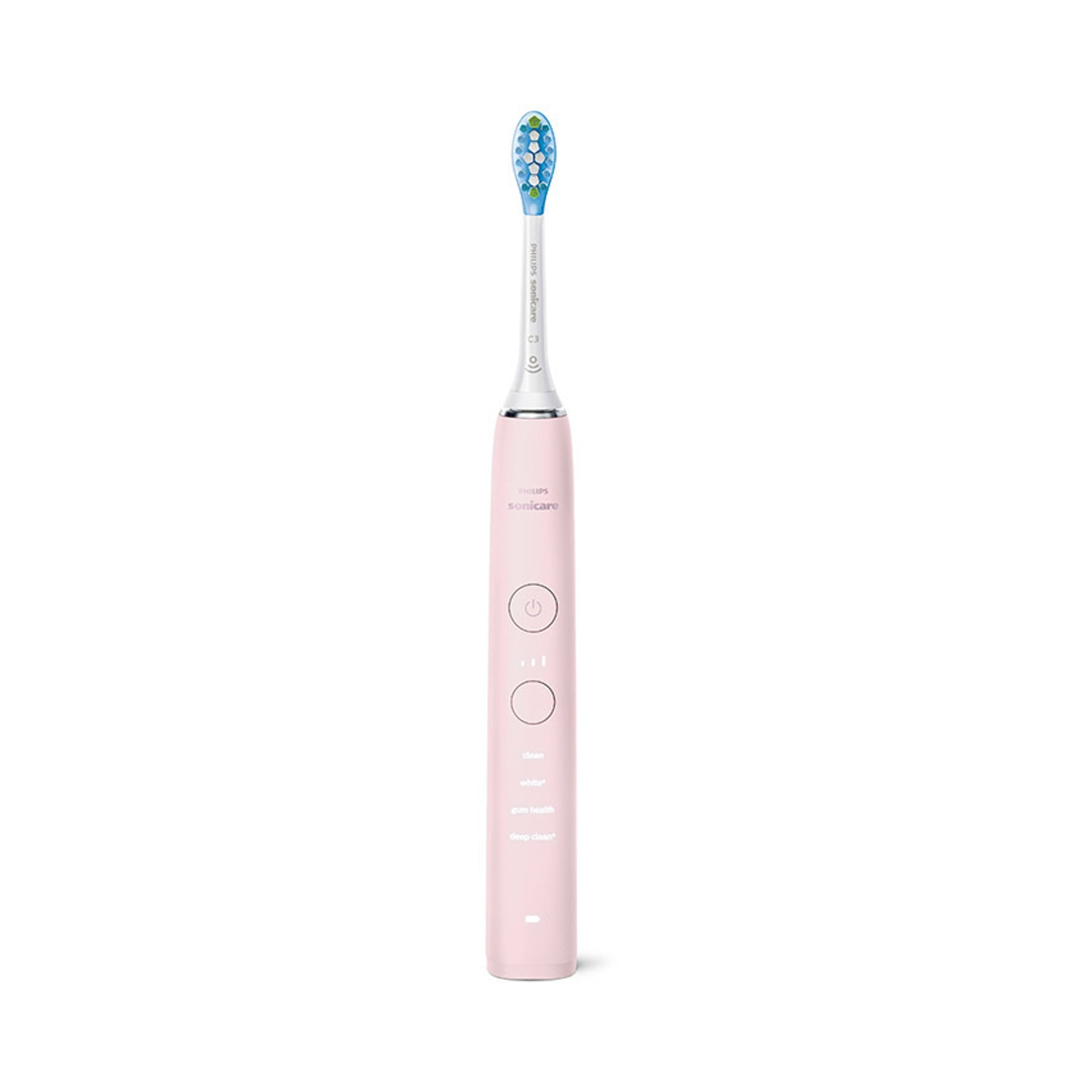 Uno spazzolino Philips Sonicare rosa. Ha una testina blu e bianca. Pulsanti sull'impugnatura per diverse modalità di pulizia.