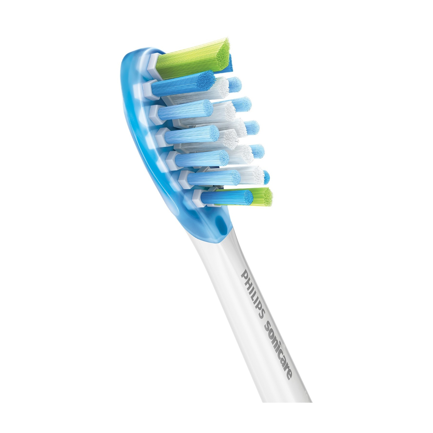 Primo piano della testina di uno spazzolino Philips Sonicare. Sono visibili setole blu, verdi e bianche, con il marchio sul manico.
