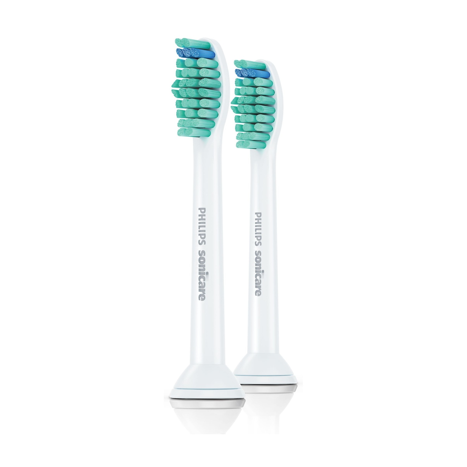 Due testine per spazzolino Philips Sonicare bianche. Le setole sono verde acqua e blu. Lo sfondo è bianco.