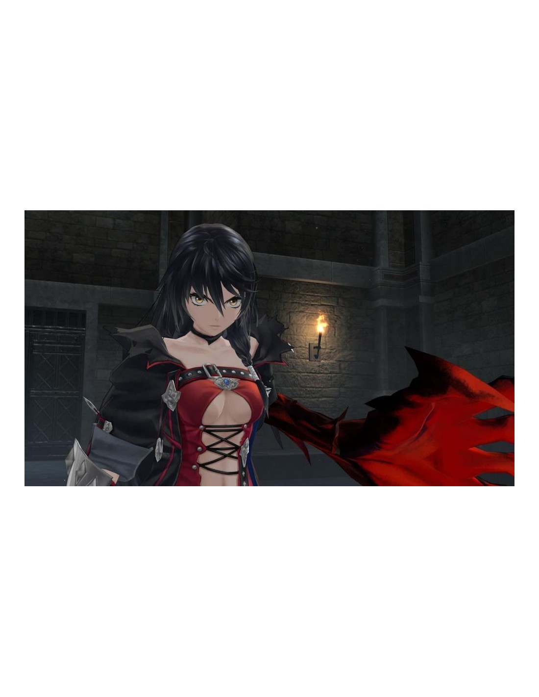 Mujer anime con cabello negro y vestido rojo sosteniendo una gran garra roja. El fondo es un corredor de piedra con una antorcha encendida.