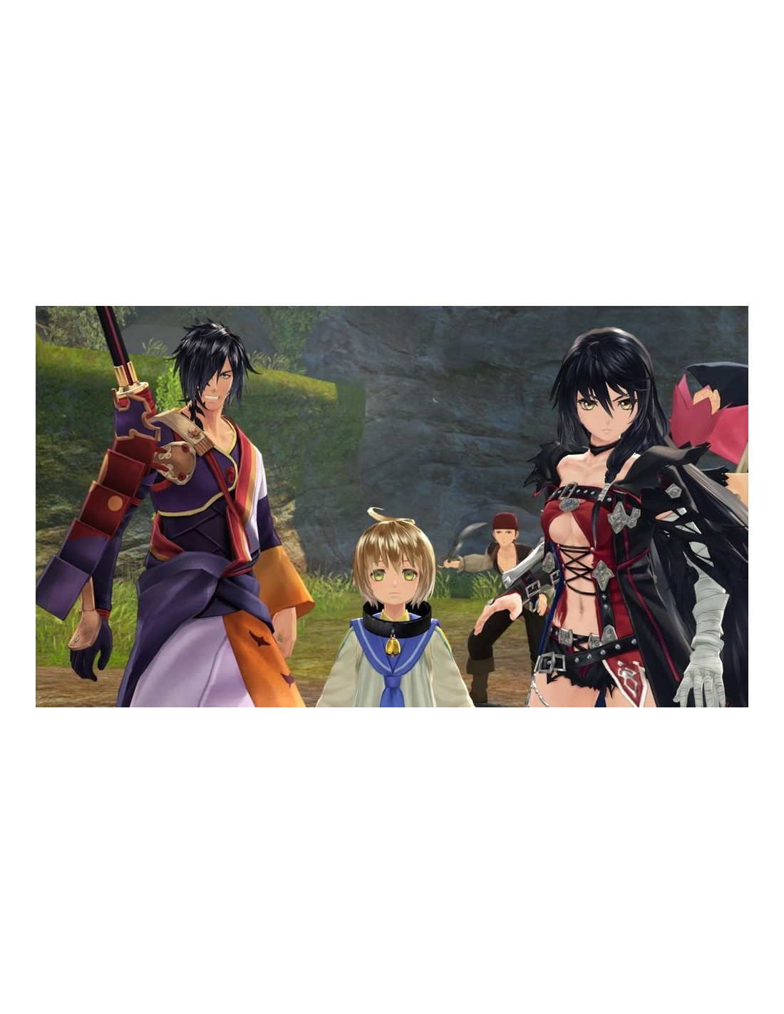 Personajes de anime juntos. Uno sostiene una espada. Otros incluyen un niño y dos adultos. El fondo es una zona rocosa con verde.