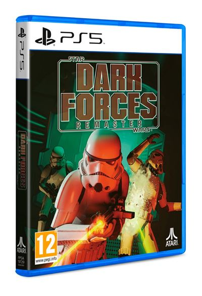 Caja de juego de PS5 para Star Wars: Dark Forces Remaster. Los soldados de asalto se representan con blasters. La caja tiene un borde azul.