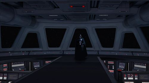 Darth Vader está de pie en la cabina de una nave espacial, con vista al espacio a través de grandes ventanas. El interior es gris metálico. Paneles de control.