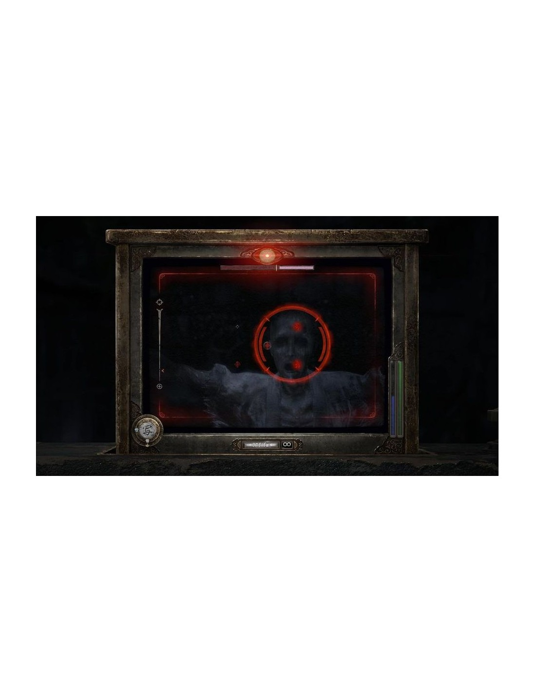 Una pantalla muestra una figura fantasmal dentro de un círculo rojo. El marco es metálico con un botón y un medidor lateral.