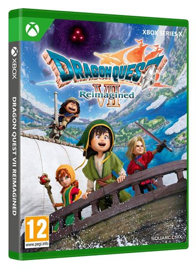 La carátula del juego Dragon Quest VII Reimagined muestra un barco con personajes de dibujos animados. El fondo presenta un cielo y un vórtice oscuro.