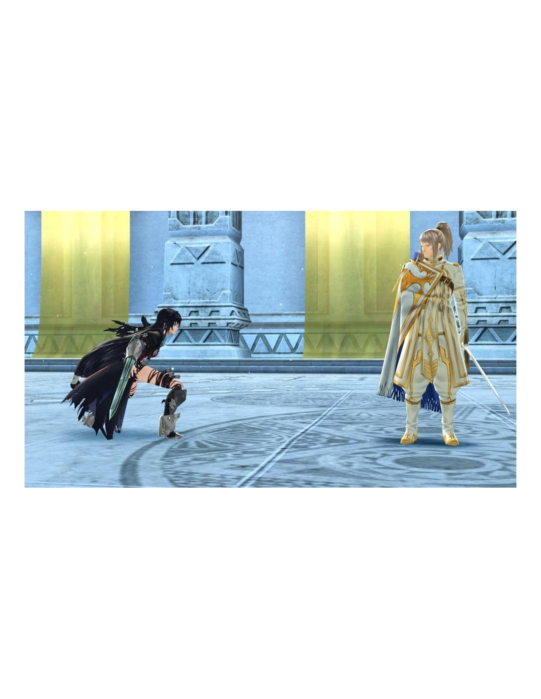 Dos figuras en posición de batalla. Una se arrodilla con una espada, la otra está de pie, sosteniendo una espada, con un atuendo blanco y dorado.