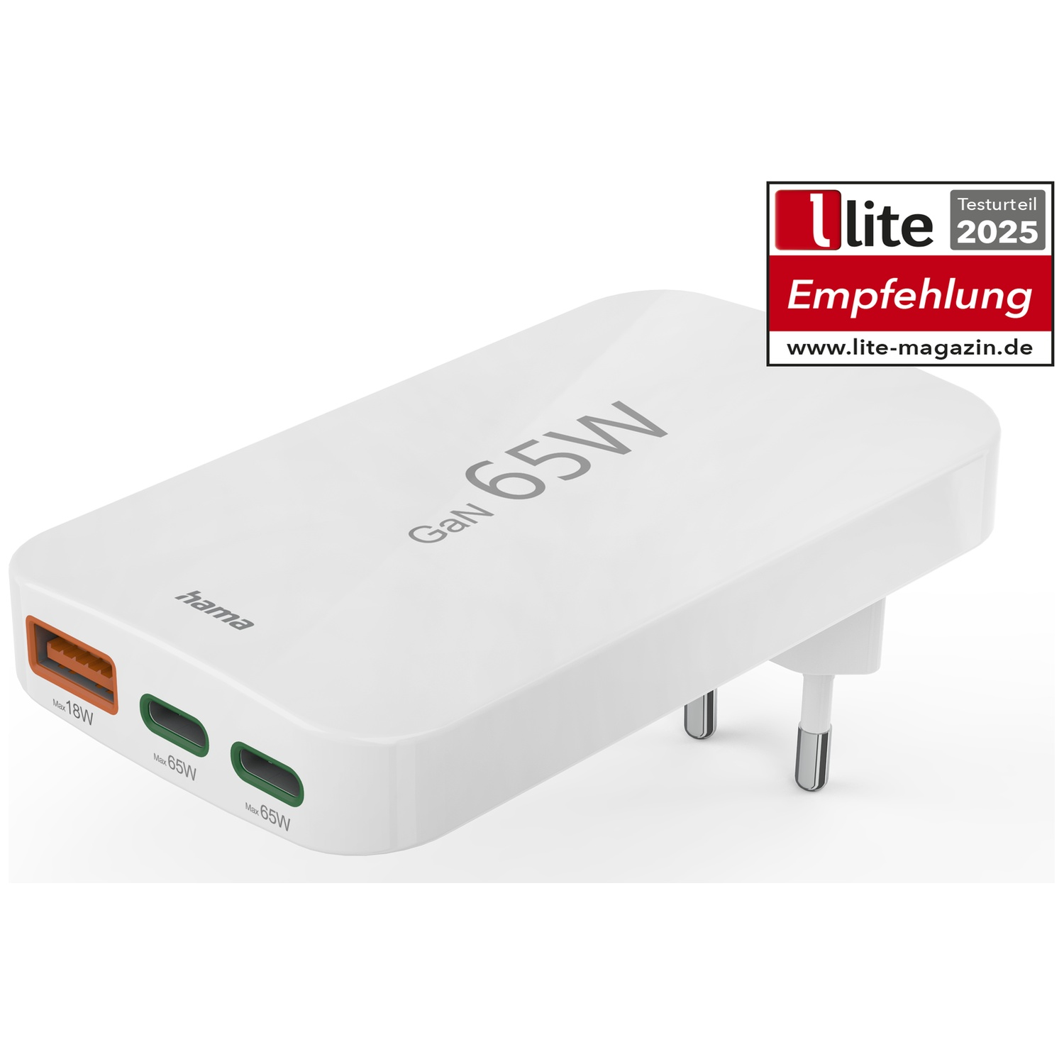 Chargeur blanc Hama 65W avec ports orange et verts. Badge de recommandation du magazine Lite en arrière-plan.