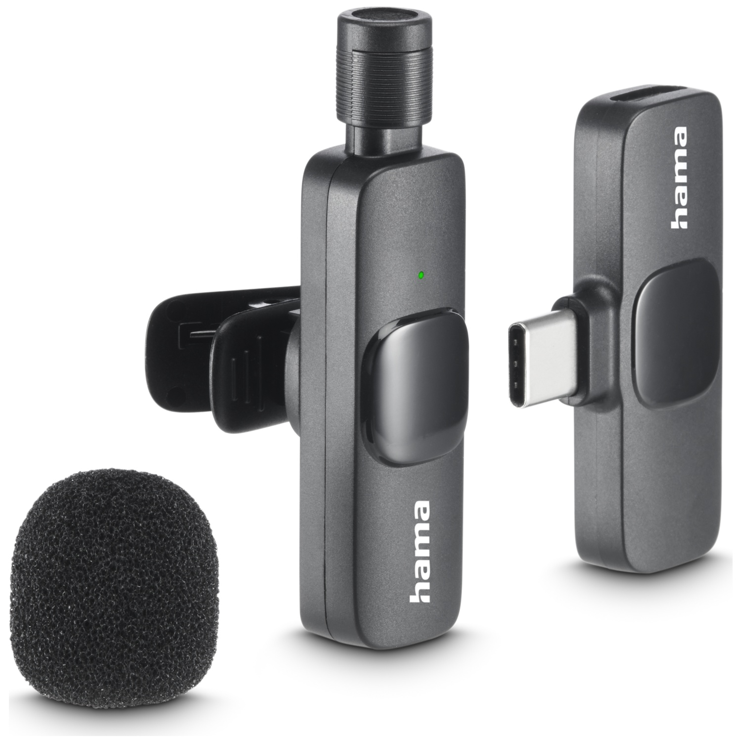 Een draadloze microfoonkit. Bevat twee grijze ontvangers, een microfoonhoes en een clip-on houder, alles op een witte achtergrond.