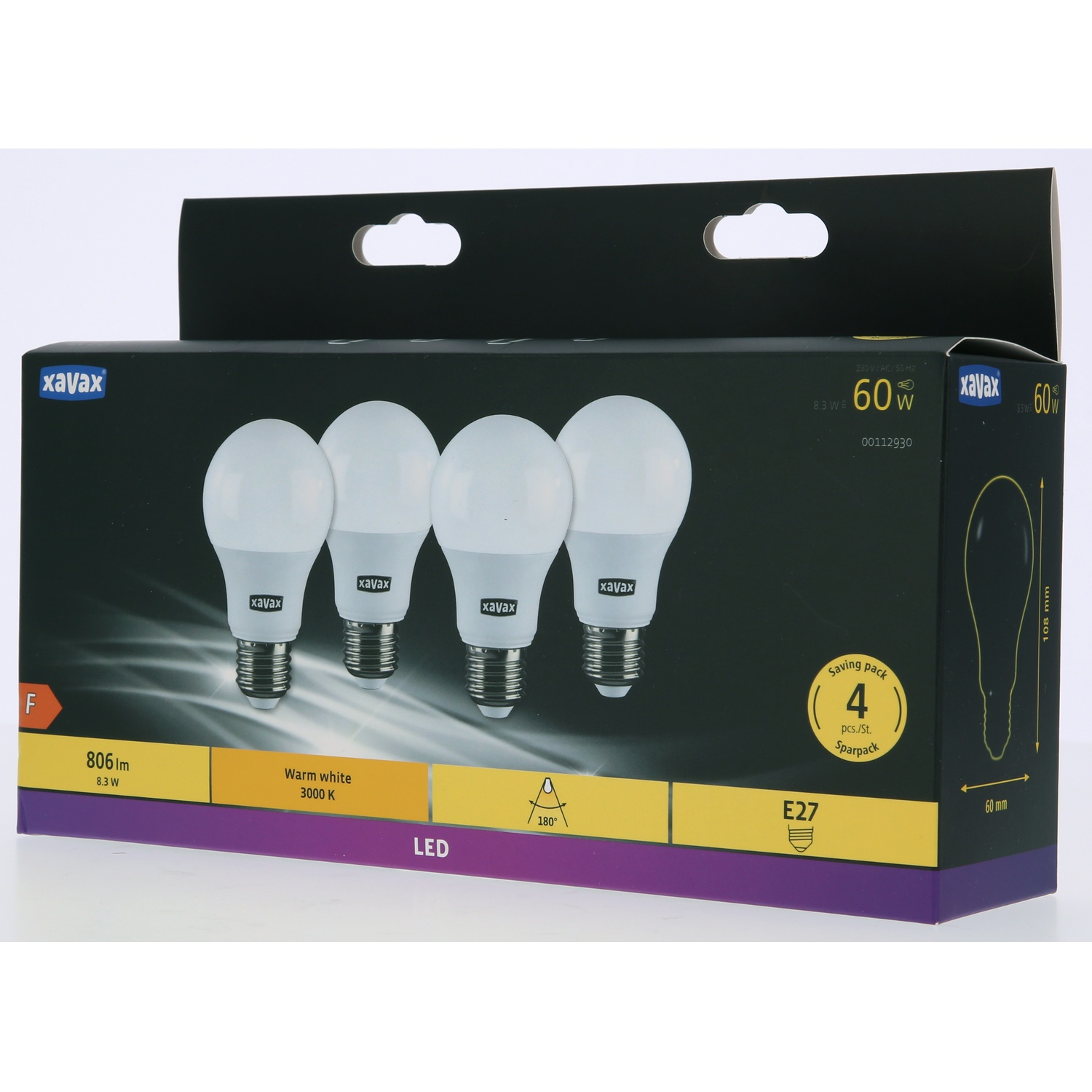 A box of four LED light bulbs. The box is black with white text and a yellow and purple stripe at the bottom.