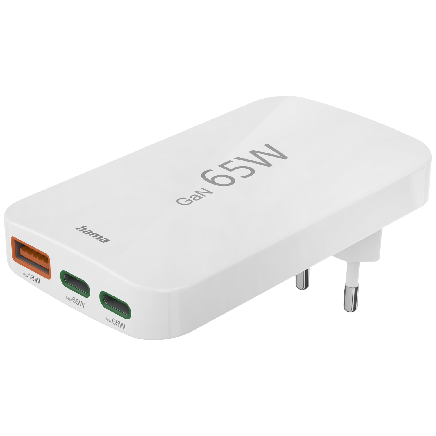Chargeur blanc Hama GaN 65W avec trois ports et une prise. Il dispose de ports orange, vert et vert avec des puissances nominales.