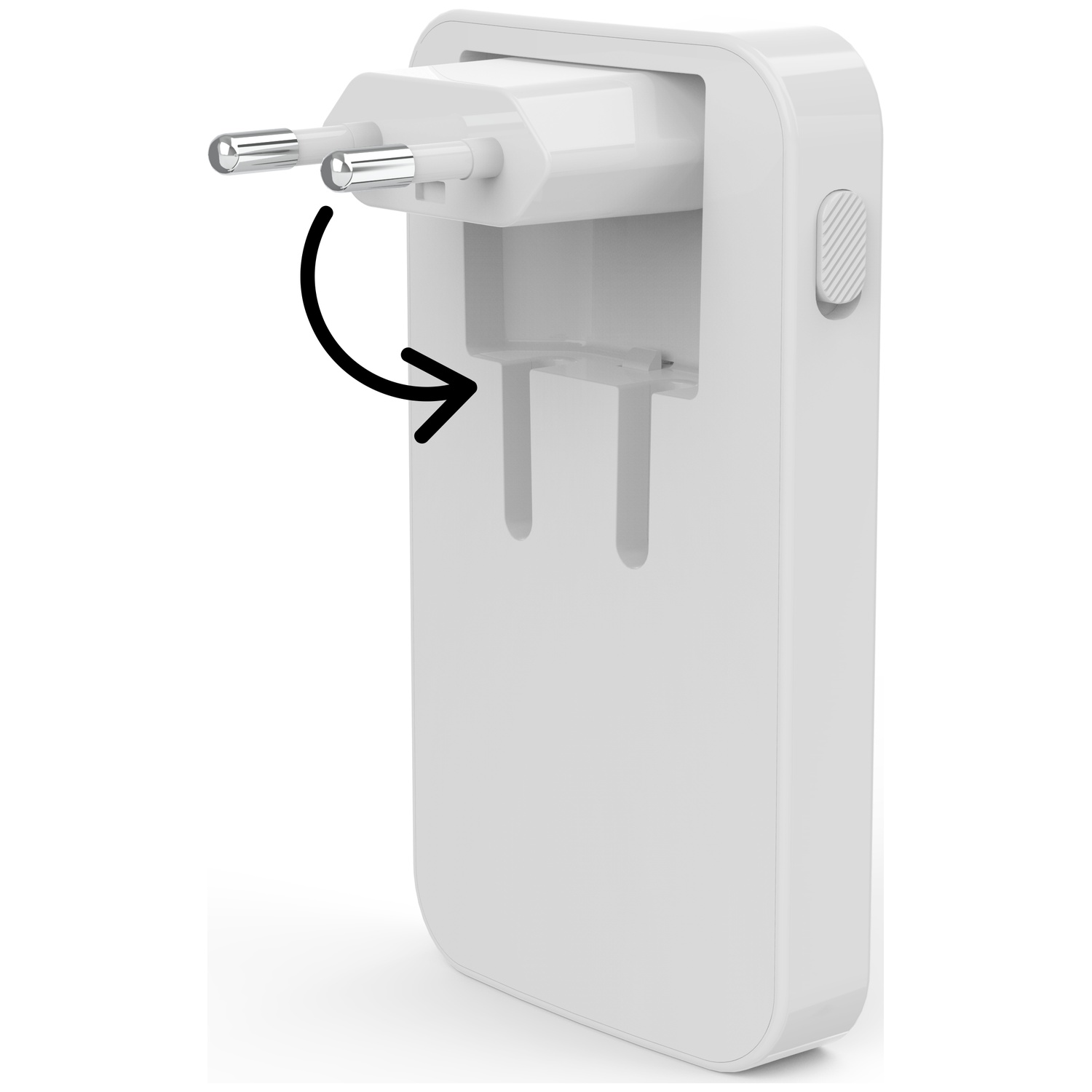 Un adaptateur secteur blanc avec deux broches est inséré dans le corps. Une flèche noire indique comment l'insérer.