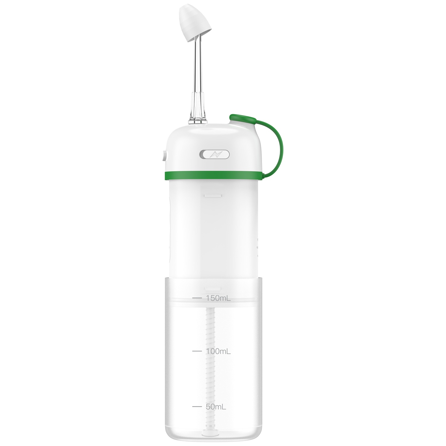 A white and green oral irrigator with a transparent water reservoir, marked with volume levels. The top has a nozzle.