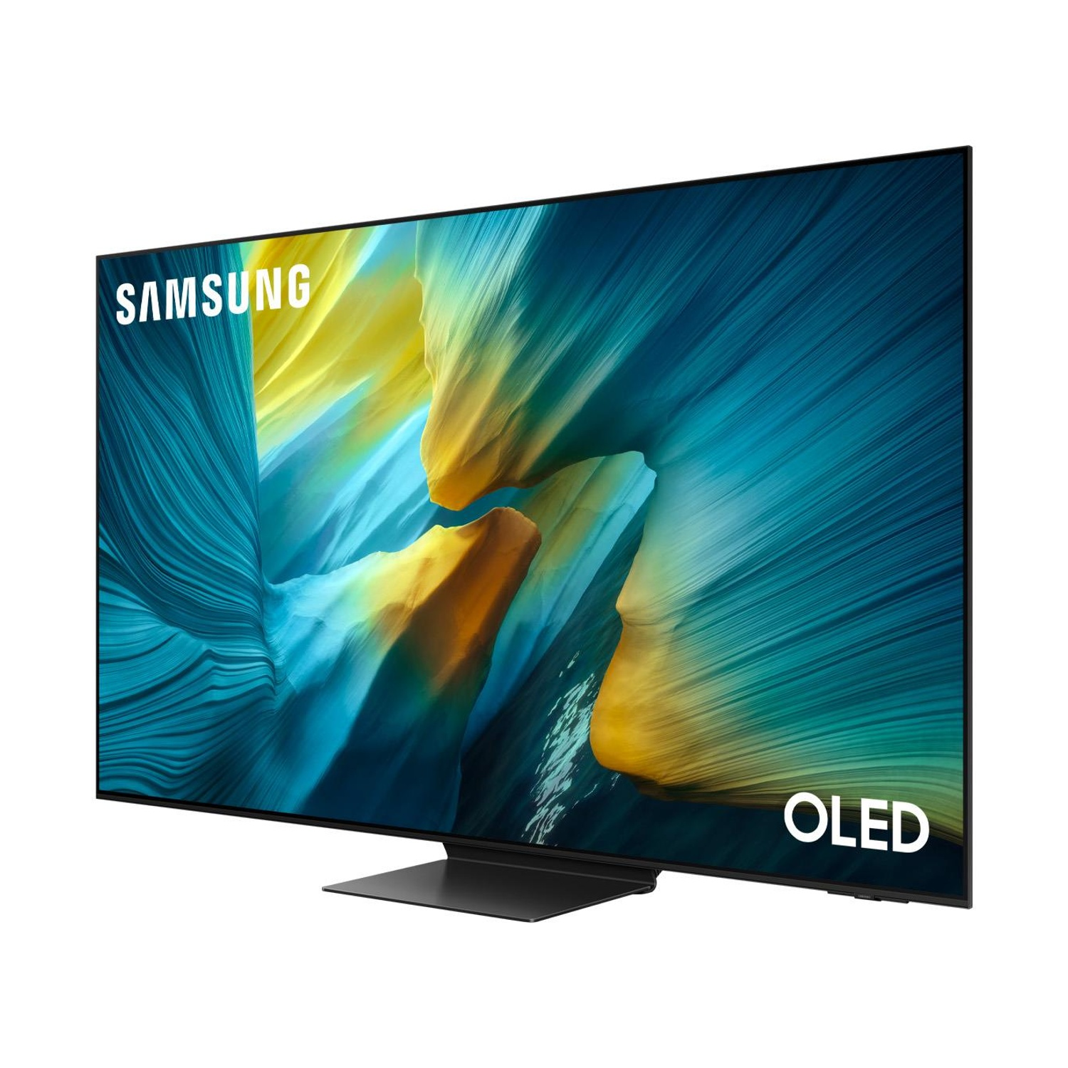 Viene visualizzato un televisore OLED Samsung. Lo schermo mostra arte astratta in blu, giallo e bianco. La TV è su un supporto nero.