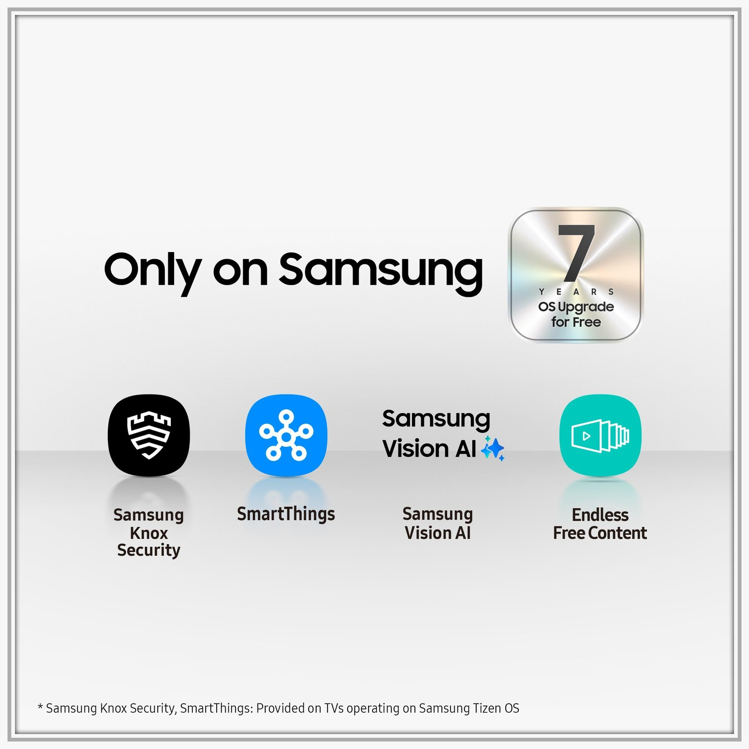 Immagine con logo Samsung, '7 anni di aggiornamento OS gratuito' e icone per Knox Security, SmartThings, Vision AI e Endless Free Content.