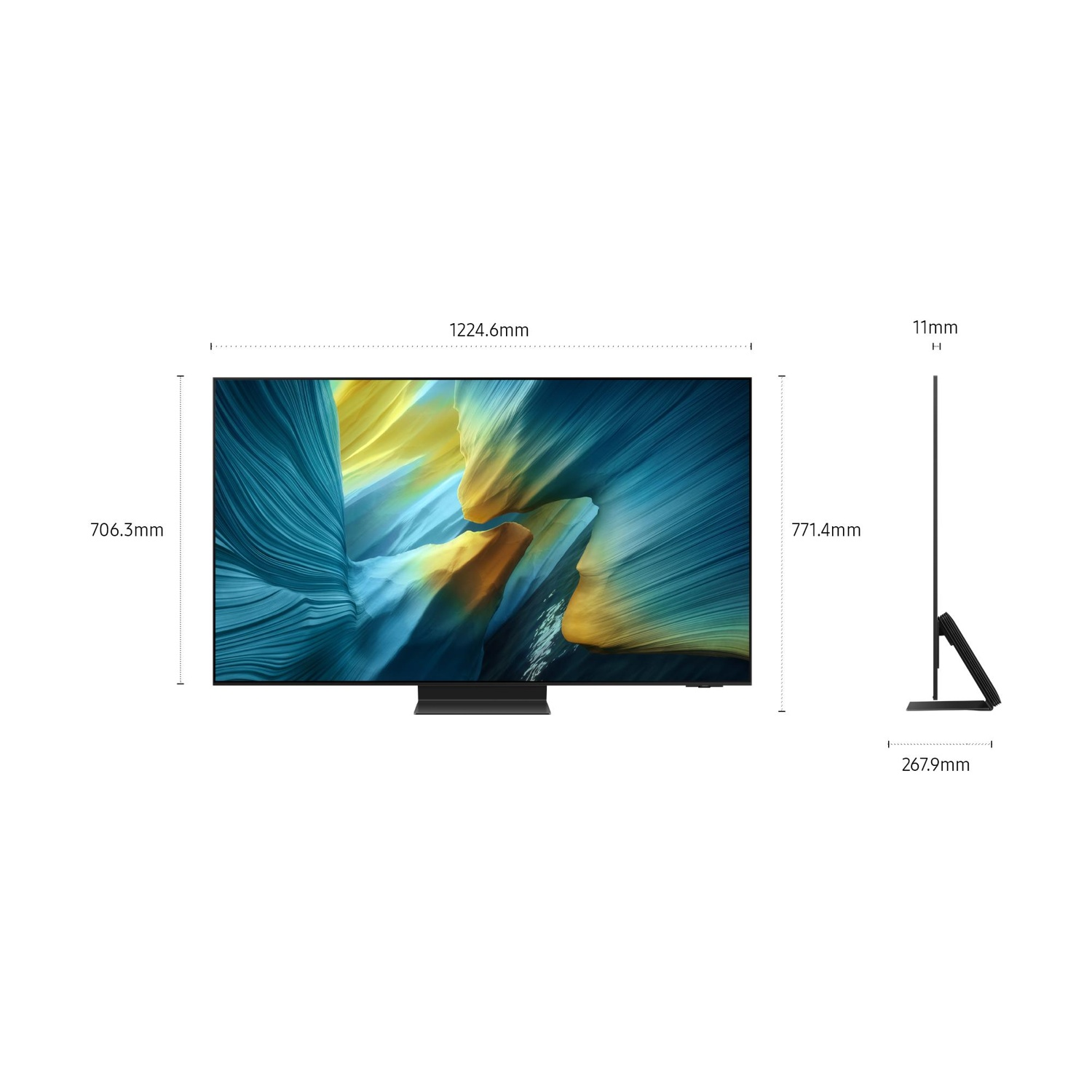 Un schermo TV mostra un'immagine astratta blu e gialla. Dimensioni: 1224,6 mm di larghezza, 706,3 mm di altezza. Vista laterale mostra 11 mm di profondità.