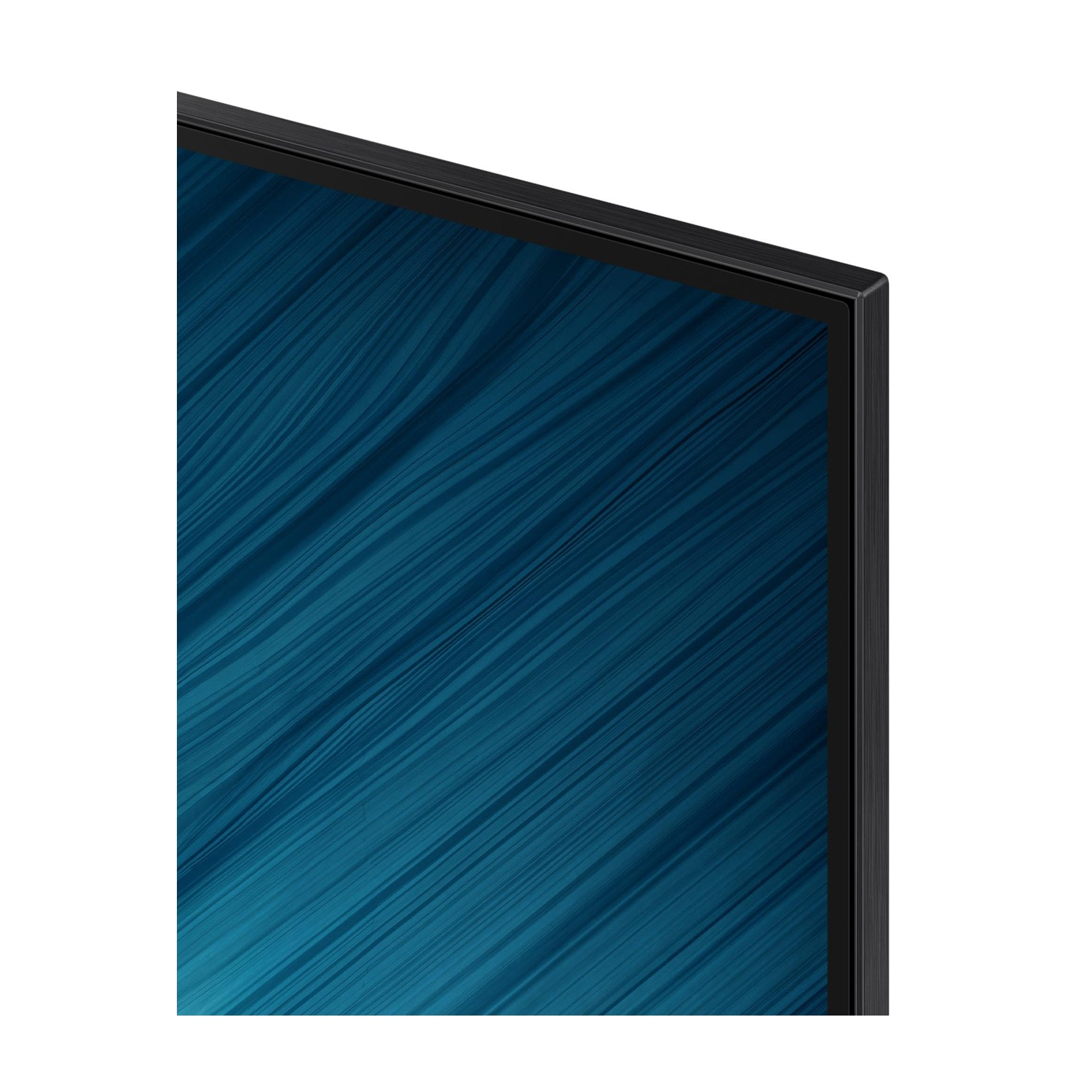 Primo piano dell'angolo di uno schermo TV. Lo schermo mostra motivi ondulati blu. La cornice è nera.
