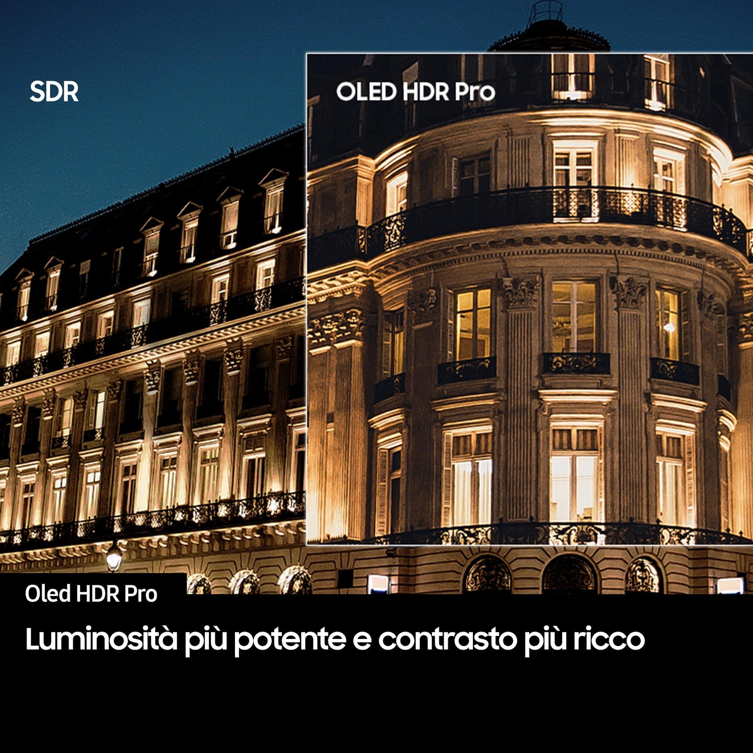Edifici di notte. Un lato è SDR, l'altro è OLED HDR Pro. Testo: Luminosità più potente e contrasto più ricco.