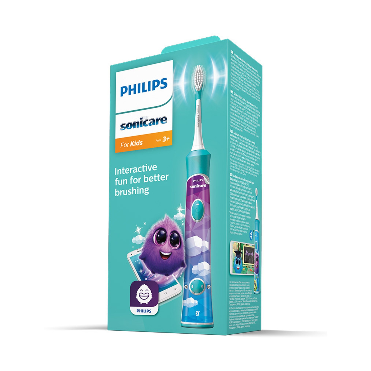 Spazzolino Philips Sonicare per bambini, in una scatola. Ha un manico blu e setole bianche. La scatola mostra un mostro viola e un telefono.