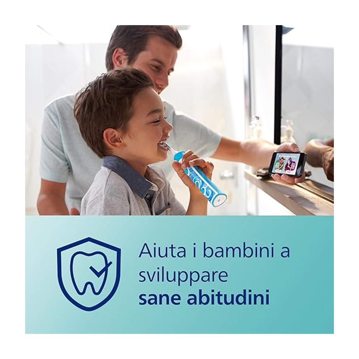 Un bambino si lava i denti con l'aiuto di un adulto. Un telefono mostra un'immagine. Il testo dice: 'Aiuta i bambini a sviluppare sane abitudini'.